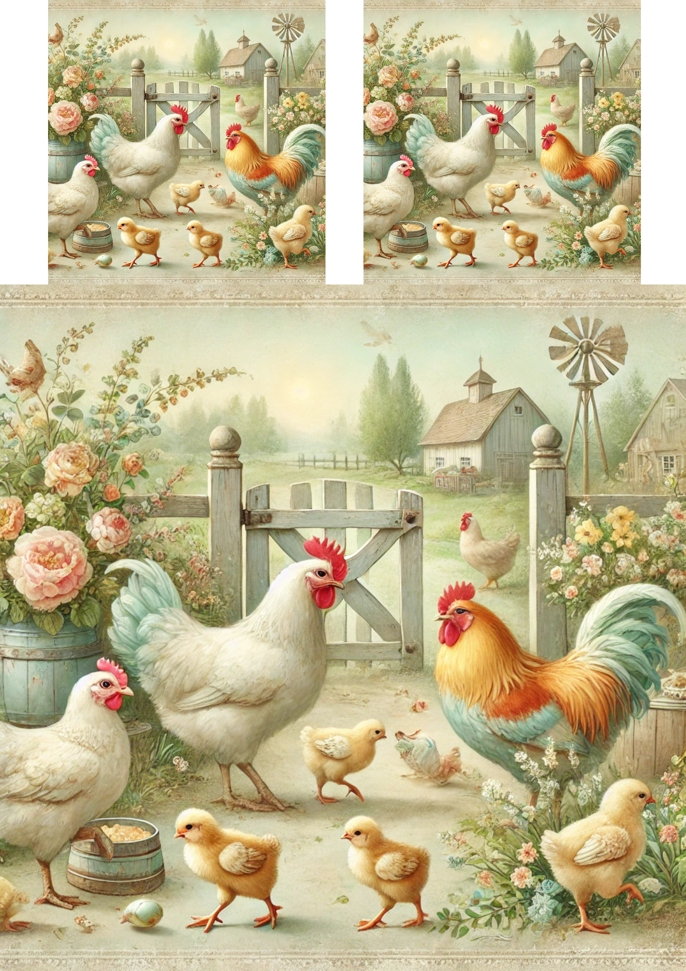 Reispapier für Decoupage-Collage mit Hühnern, Hähnen und Küken, Kat. Nr. 4068