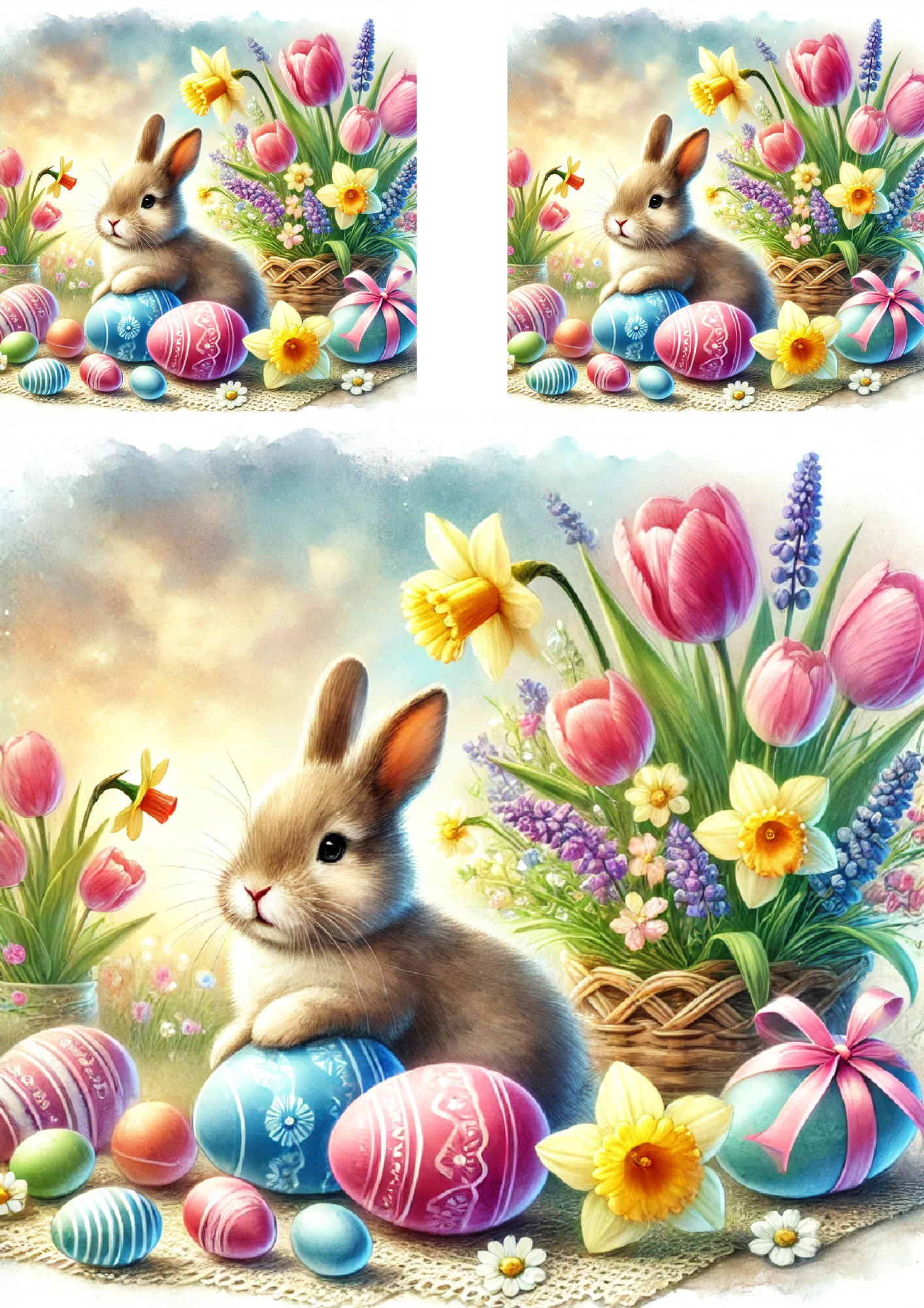 Reispapier für Decoupage Osterhase mit bunten Ostereiern in leuchtenden Farben Kat. Nr. 4220