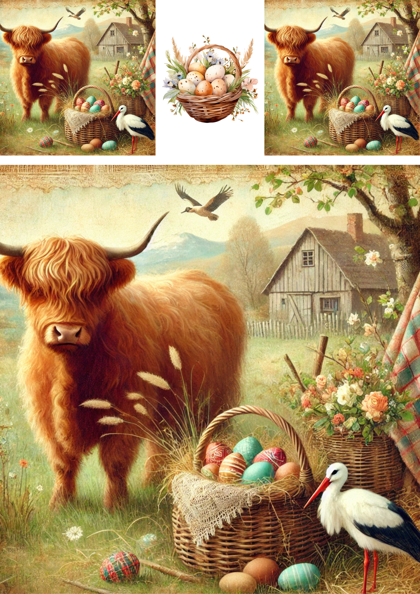 Reispapier für Decoupage Highland Cow mit Korb voller Ostereier Schabby Chic 3 Collage Kat. Nr. 4269
