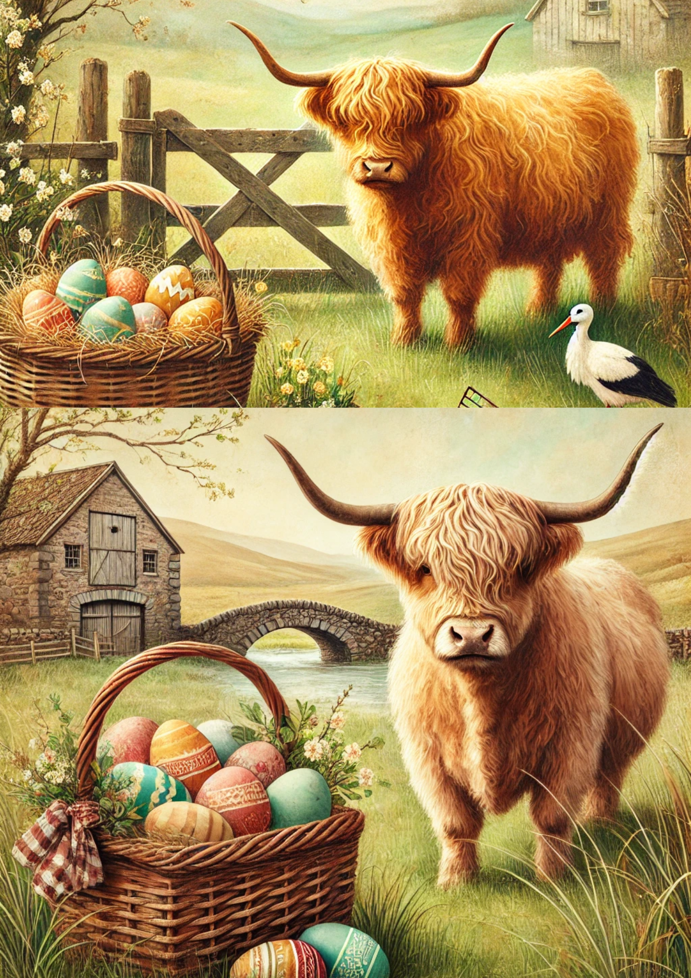 Reispapier für Decoupage Highland Cow mit Korb voller Ostereier Schabby Chic 4 Collage Kat. Nr. 4270