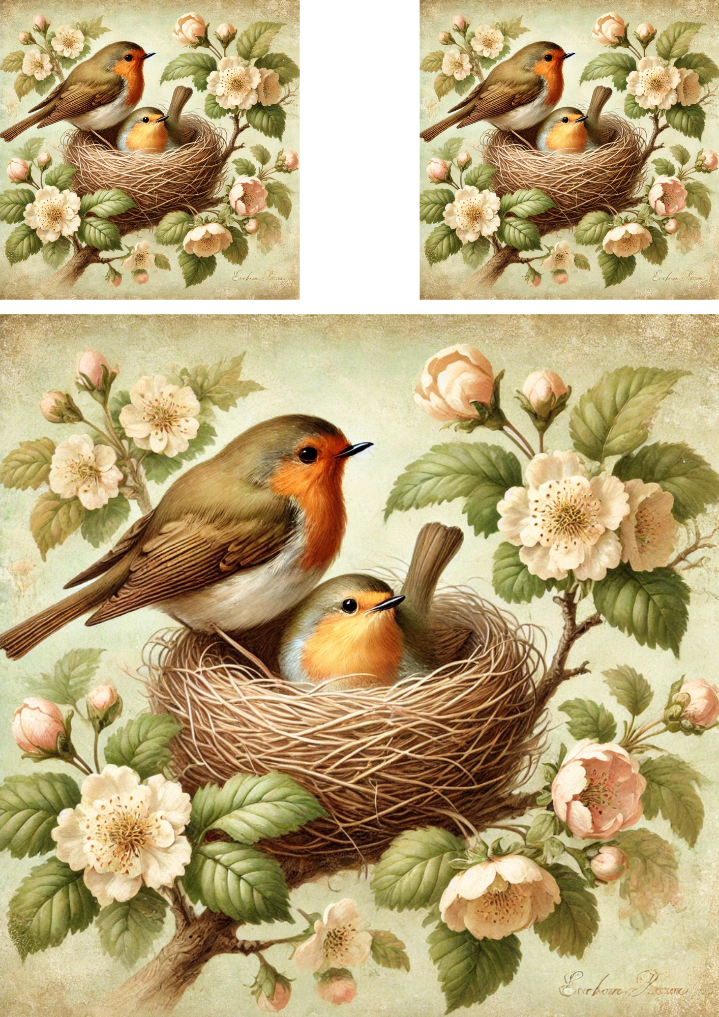 Reispapier für Decoupage Rotkehlchen in einem Nest zwischen Blumen 2 Schabby Chic Collage Kat. Nr. 4284