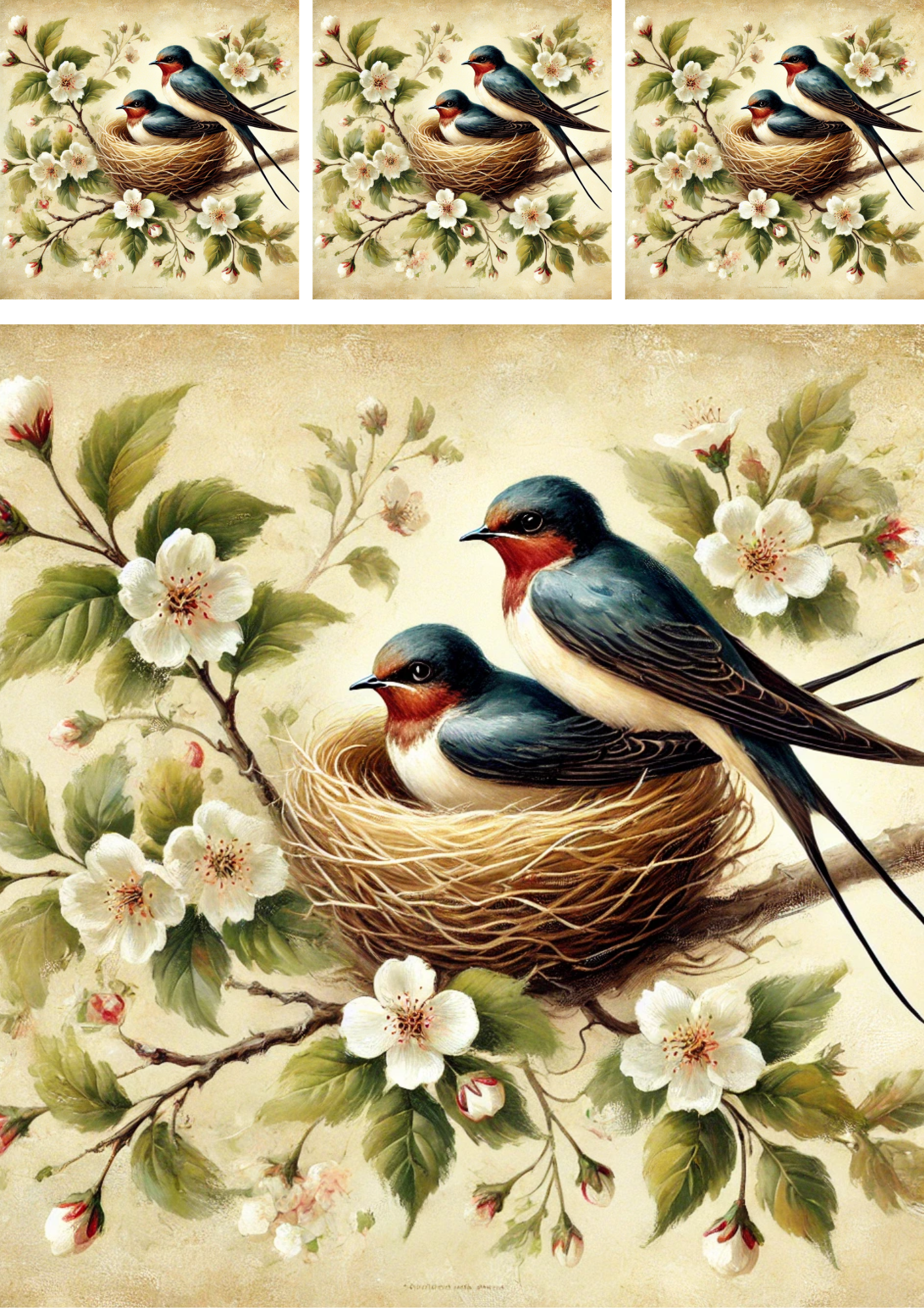 Reispapier für Decoupage Schwalben im Nest zwischen Blumen Schabby Chic Collage Kat. Nr. 4286