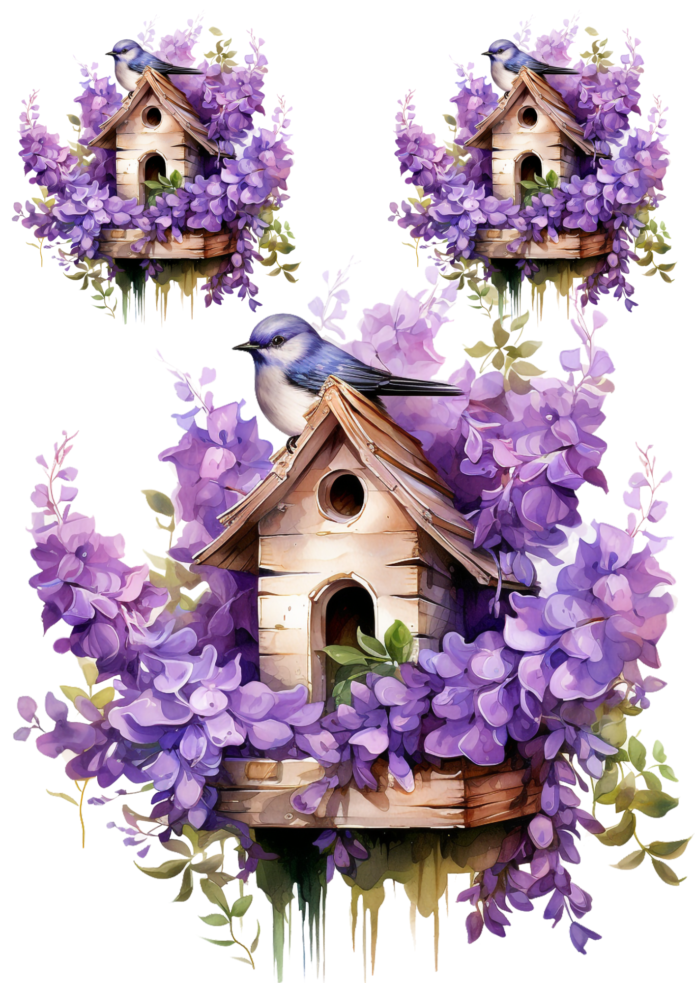 Reispapier für Decoupage, Vogel sitzt auf einem Futterhäuschen inmitten lila Blumen, Collage, Kat. Nr. 4345