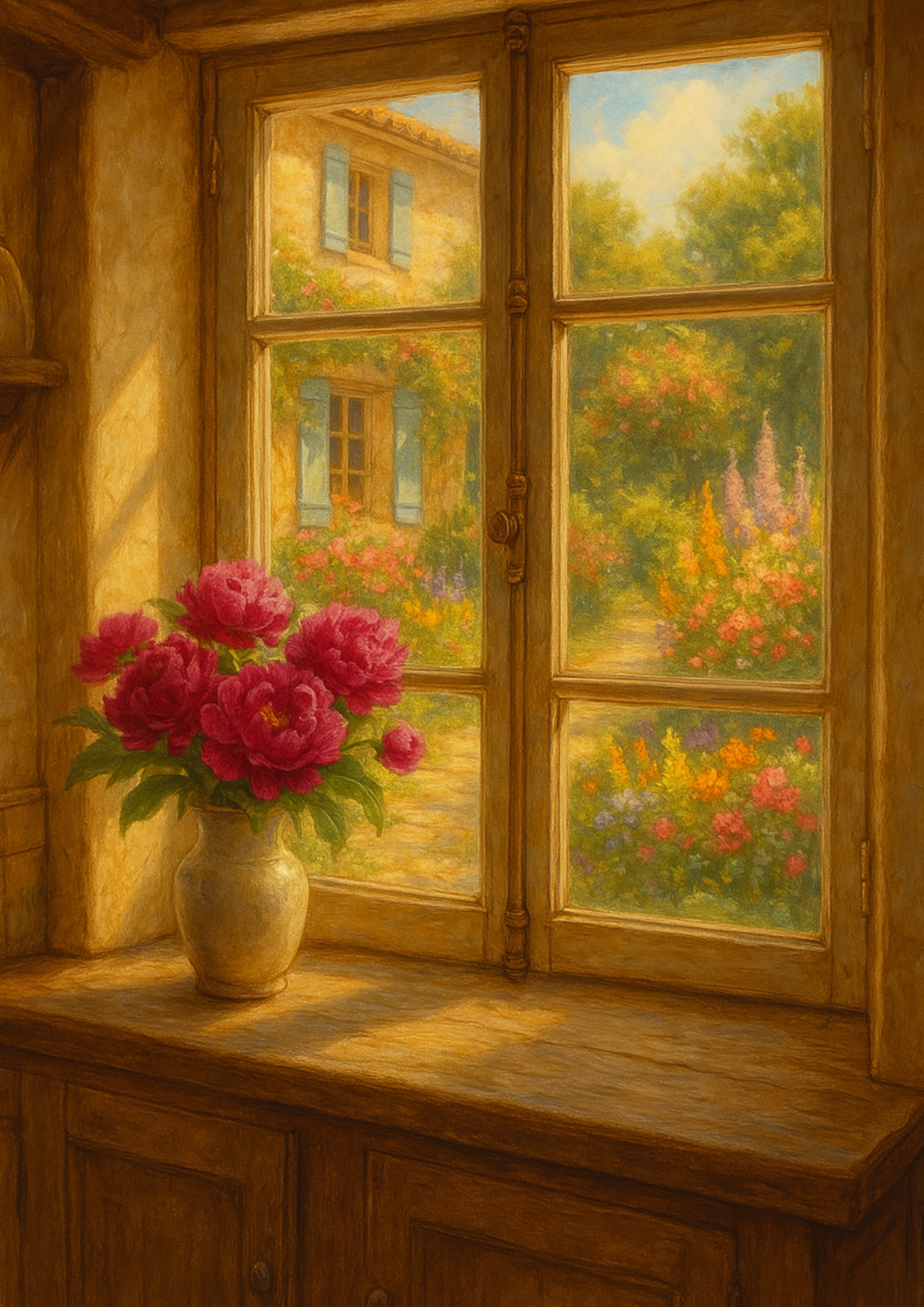 Reispapier für Decoupage-Pfingstrosen am Fenster im provenzalischen Stil, vollständige Kat.-Nr. 4420
