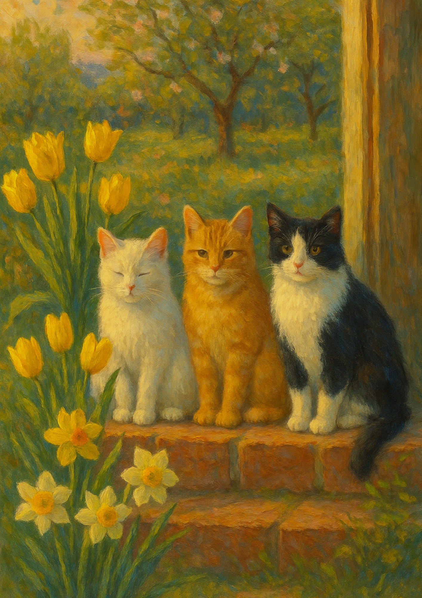 Reispapier für Decoupage, Katzen sitzen auf der Türschwelle eines Hauses im impressionistischen Stil, vollständige Kat.-Nr. 4429