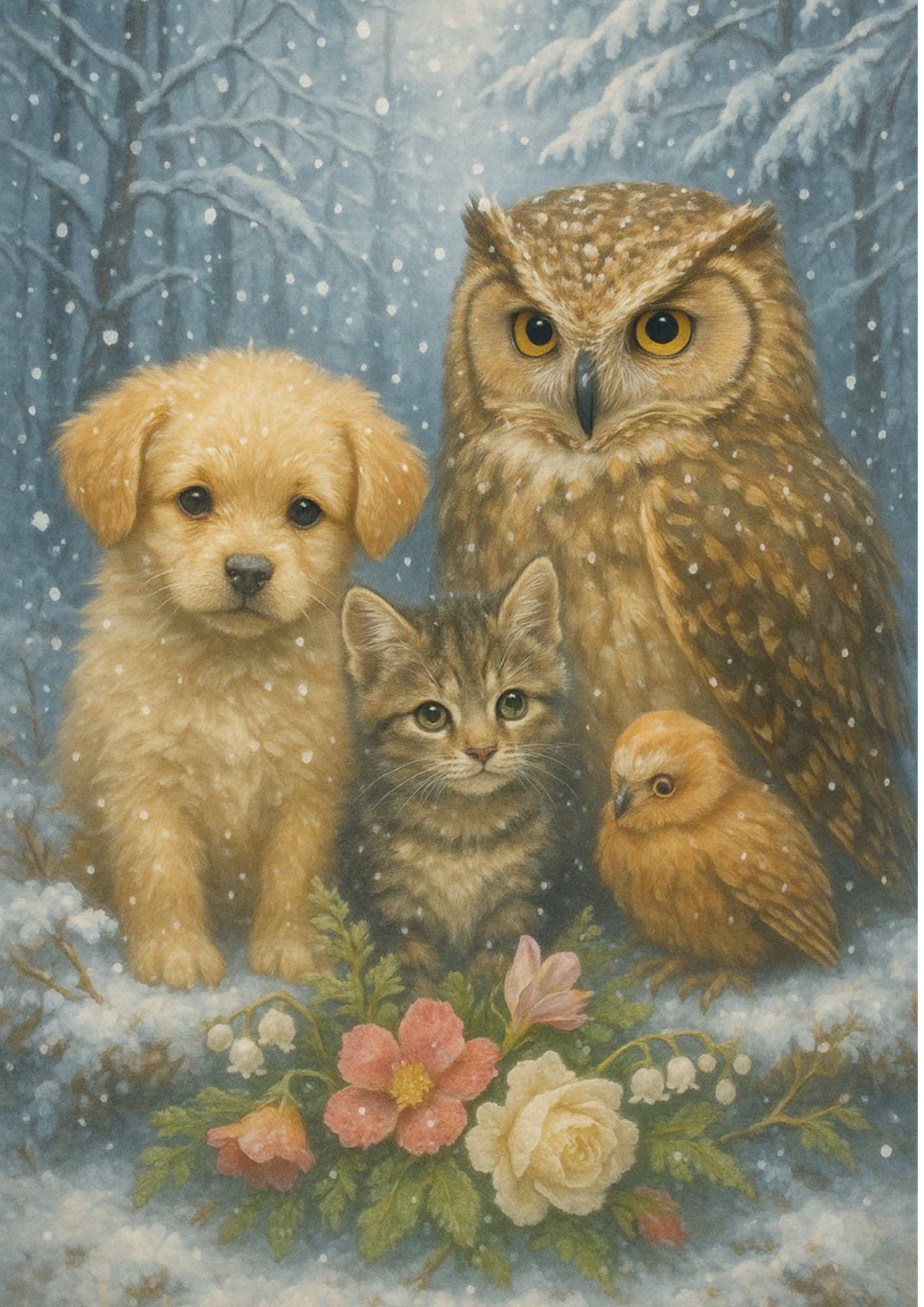 Rice Paper For Decoupage Dog Kitten And Owl In Winter Forest Full Cat. No. 4440