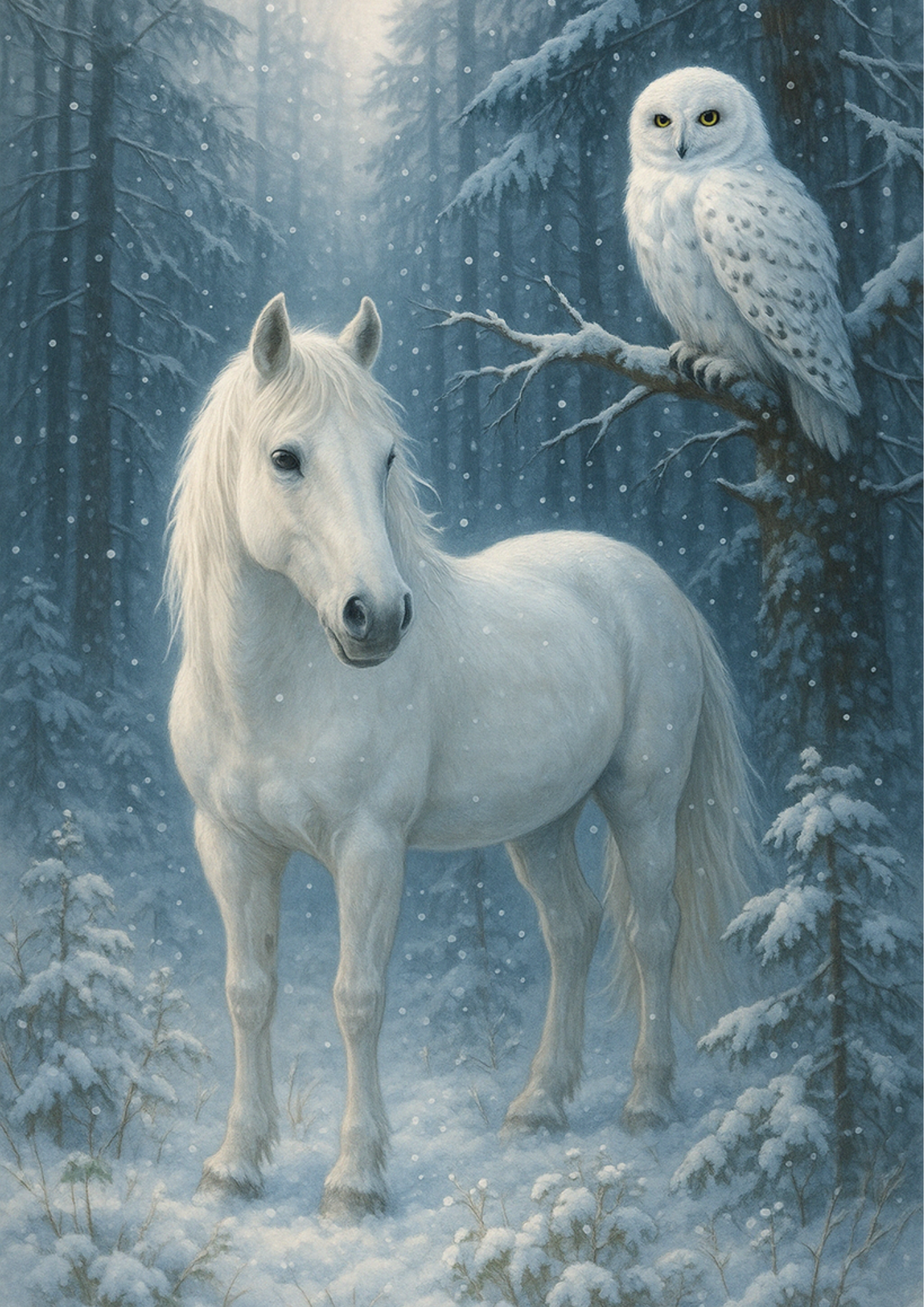 Rice Paper For Decoupage White Horse And Owl In Winter Forest Full Cat. No. 4449