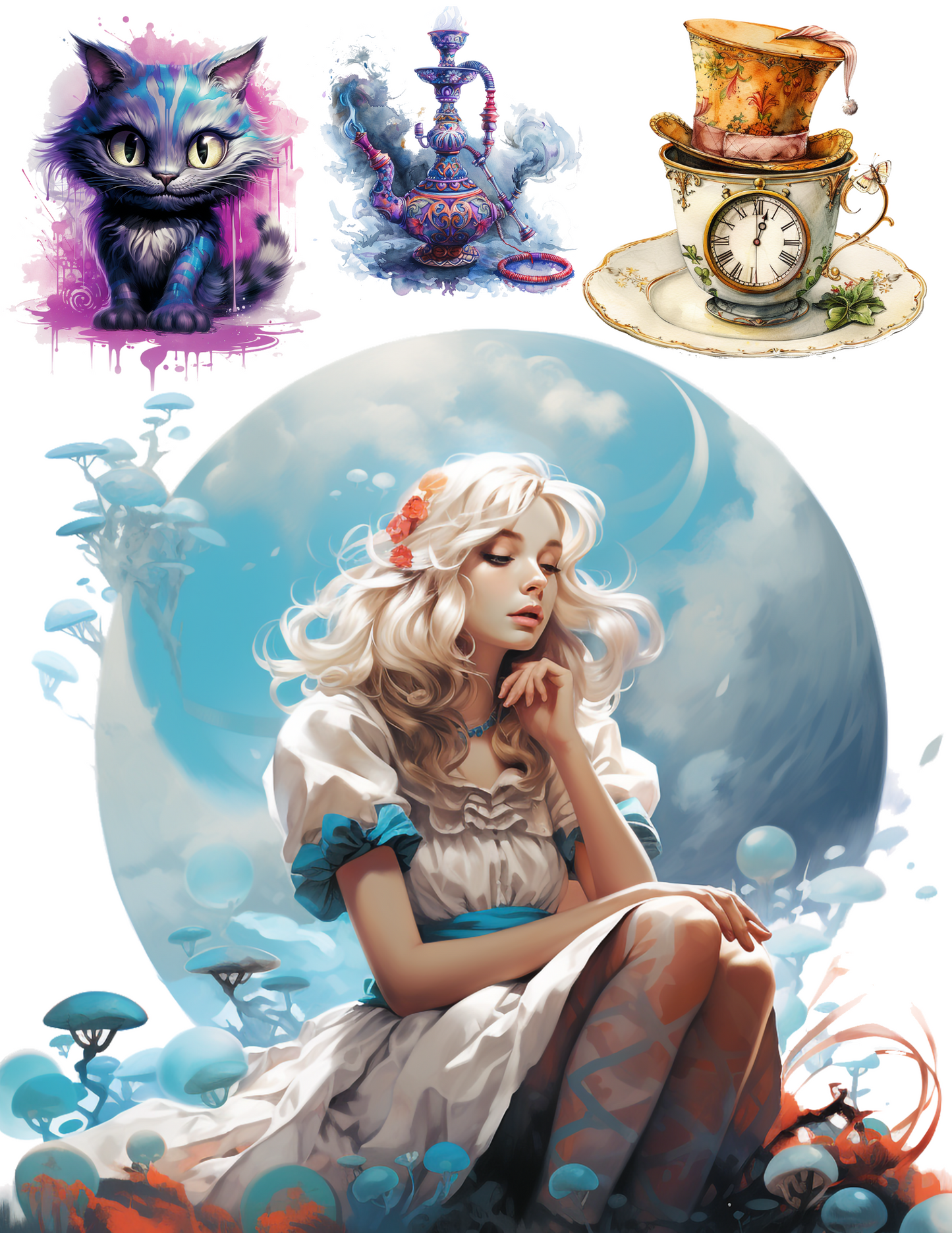 Reispapier für Decoupage Alice aus dem Wunderland, Collage mit verschiedenen Figuren, Kat.-Nr. 4623
