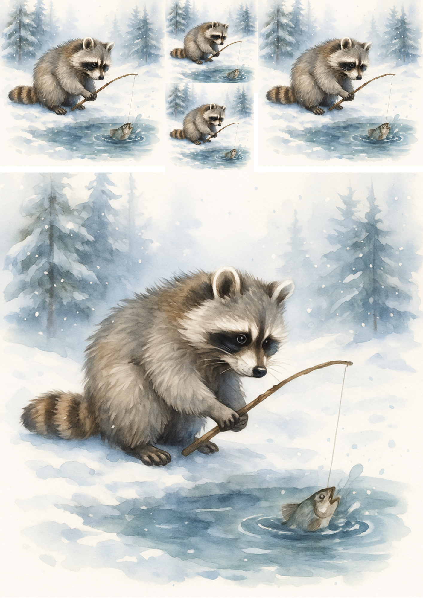 Rice Paper For Decoupage Raccoon Catches Fish In An Ice Hole Collage Cat. No. 4725