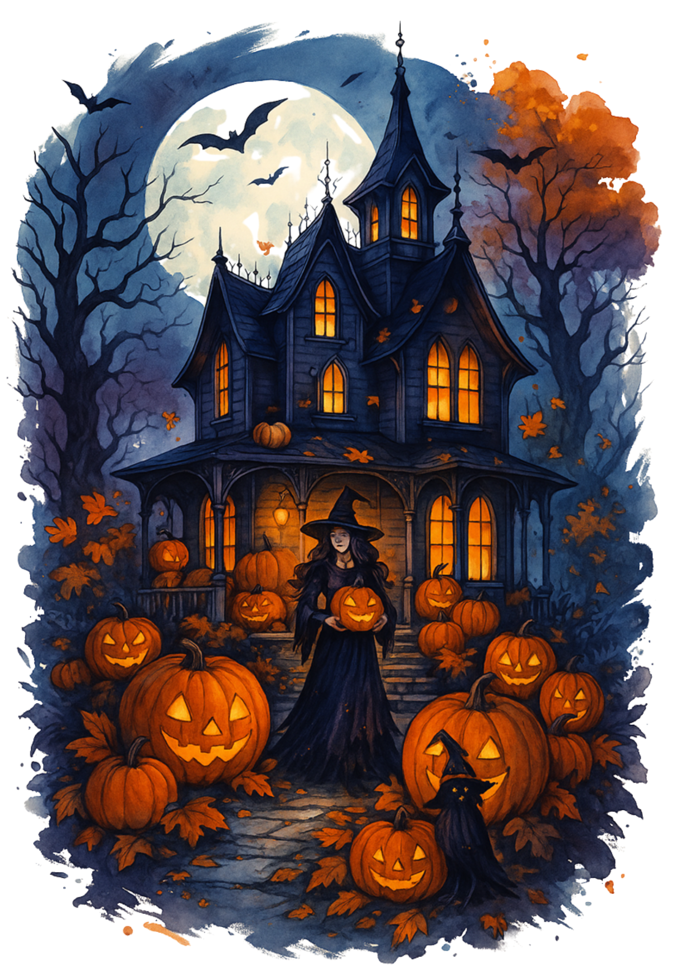 Reispapier für Decoupage Hexe vor Halloween-Schloss mit Kürbissen voller Kat. Nr. 4780