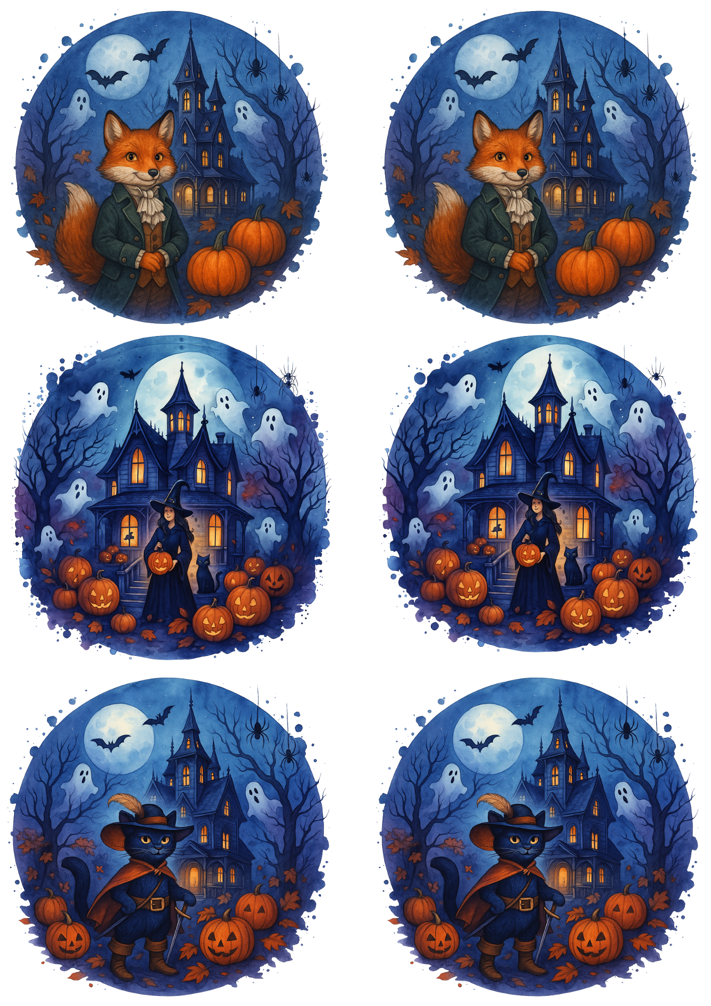 Reispapier für Decoupage, Hexe vor Halloween-Schloss mit Kürbissen in Kreisen, Collage, Kat.-Nr. 4781
