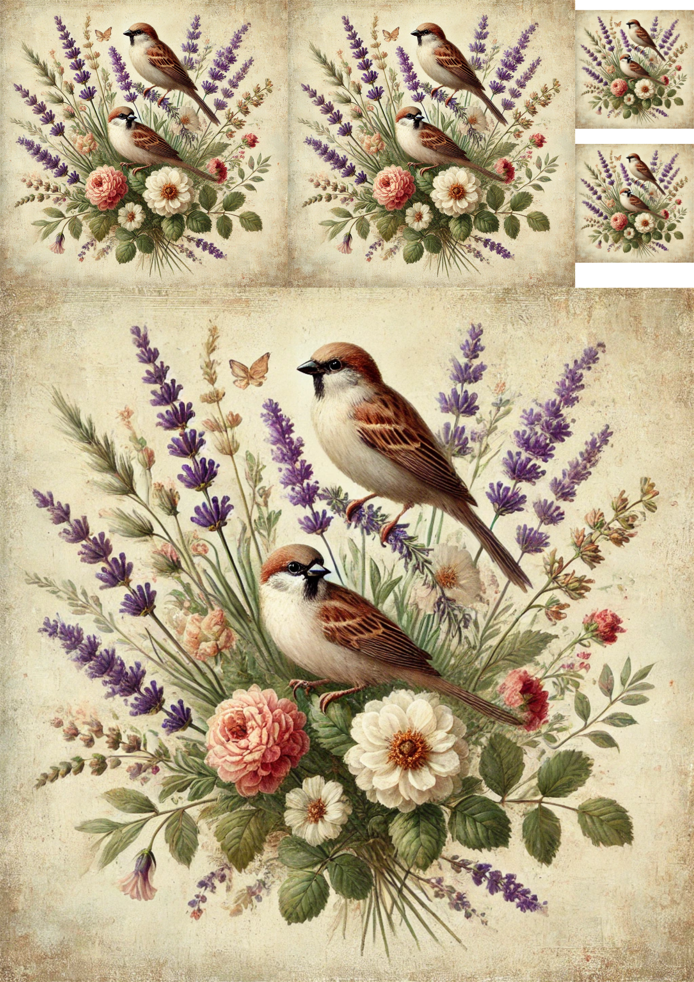 Reispapier für Decoupage-Collage „Spatzen in einem Strauß Heidekraut“ Kat. Nr. 4786
