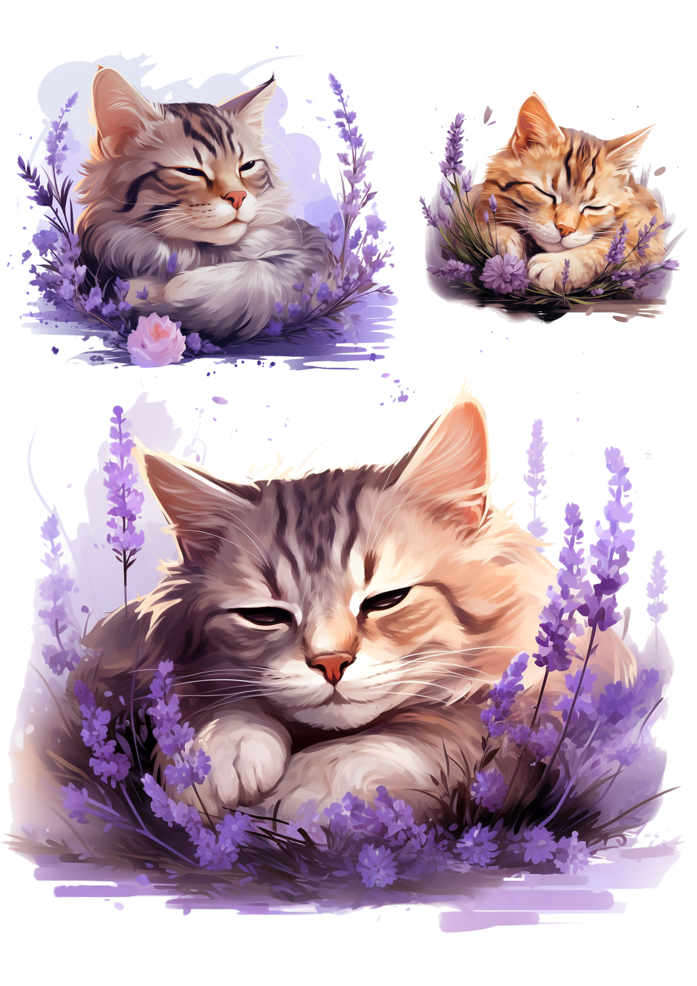 Reispapier für Decoupage, schlafende Katze in Lavendel-Collage, Kat.-Nr. 4787