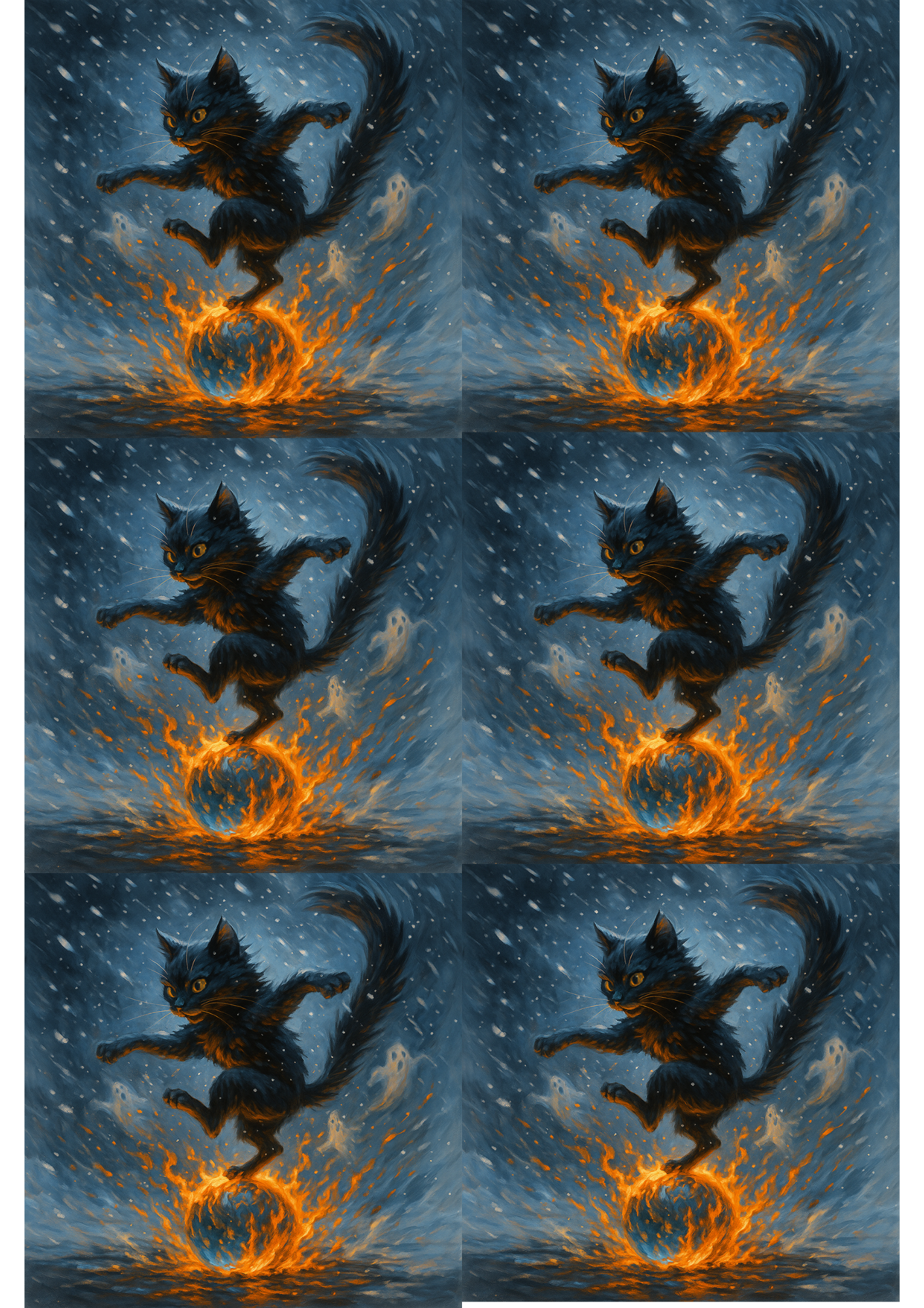 Reispapier-Decoupage, tanzende Katze auf brennendem Wasserball im Schneesturm, Collage, Kat. Nr. 4805