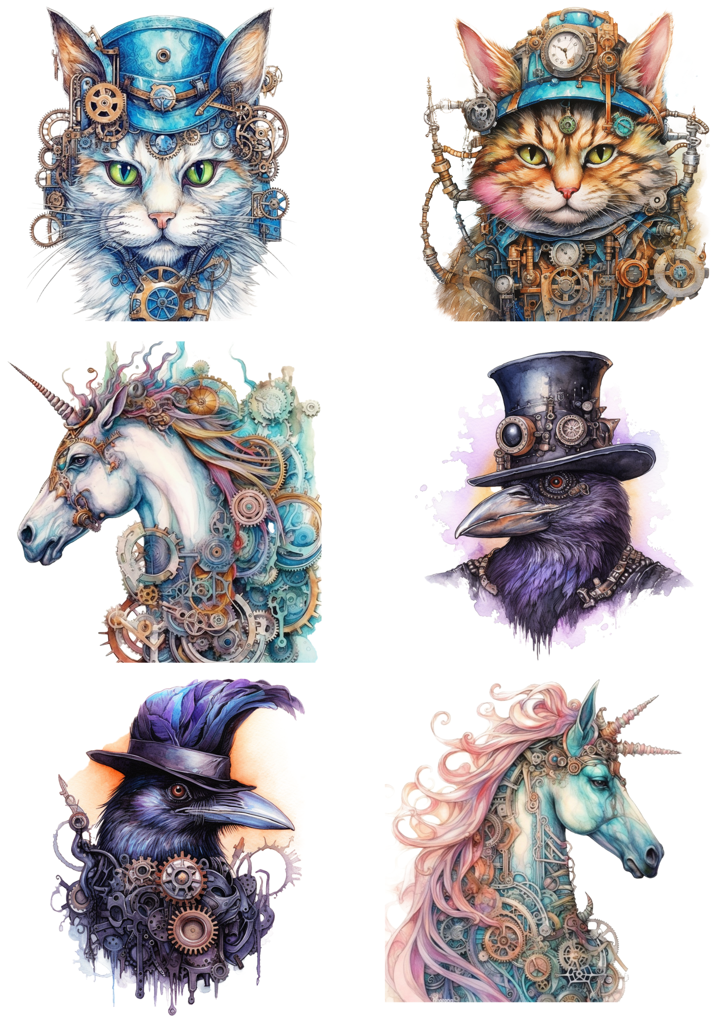 Reispapier für Decoupage Steampunk Katze, Rabe, Einhorn Collage Kat. Nr. 4824