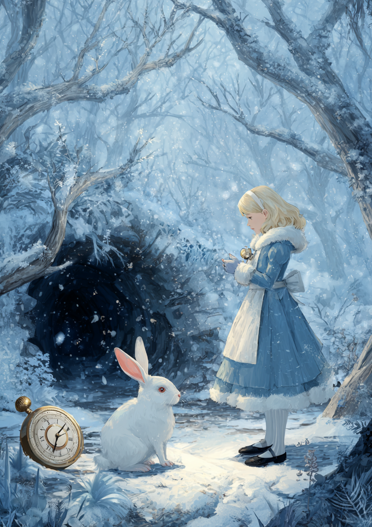 Reispapier für Decoupage Alice im Wunderland mit dem weißen Kaninchen im Winter, vollständige Kat.-Nr. 4829