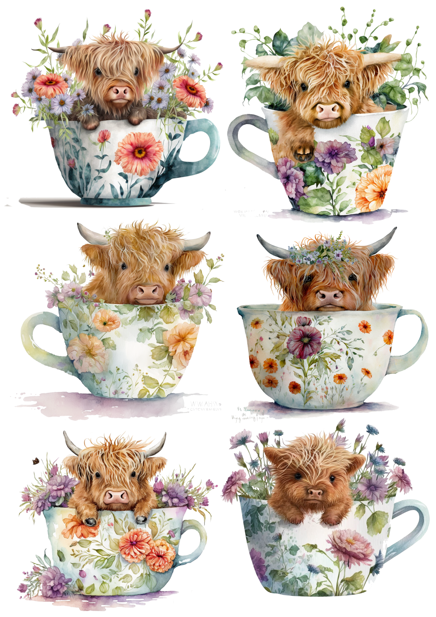 Rice Paper For Decoupage Young Highland Cow In A Cup Collage Cat. No. 5588