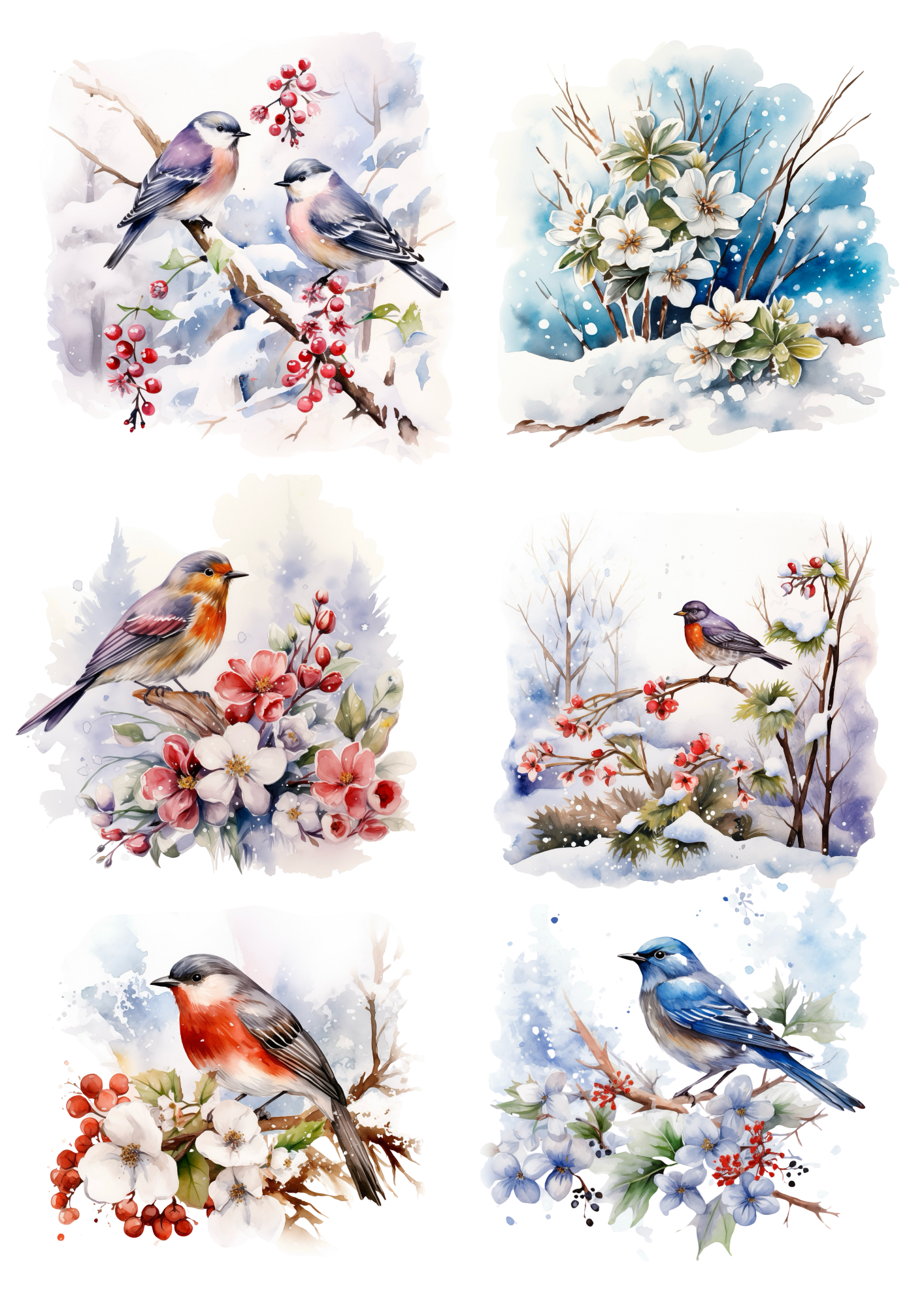 Rice Paper For Decoupage Birds on Flowers in Winter Collage Cat. No. 5608