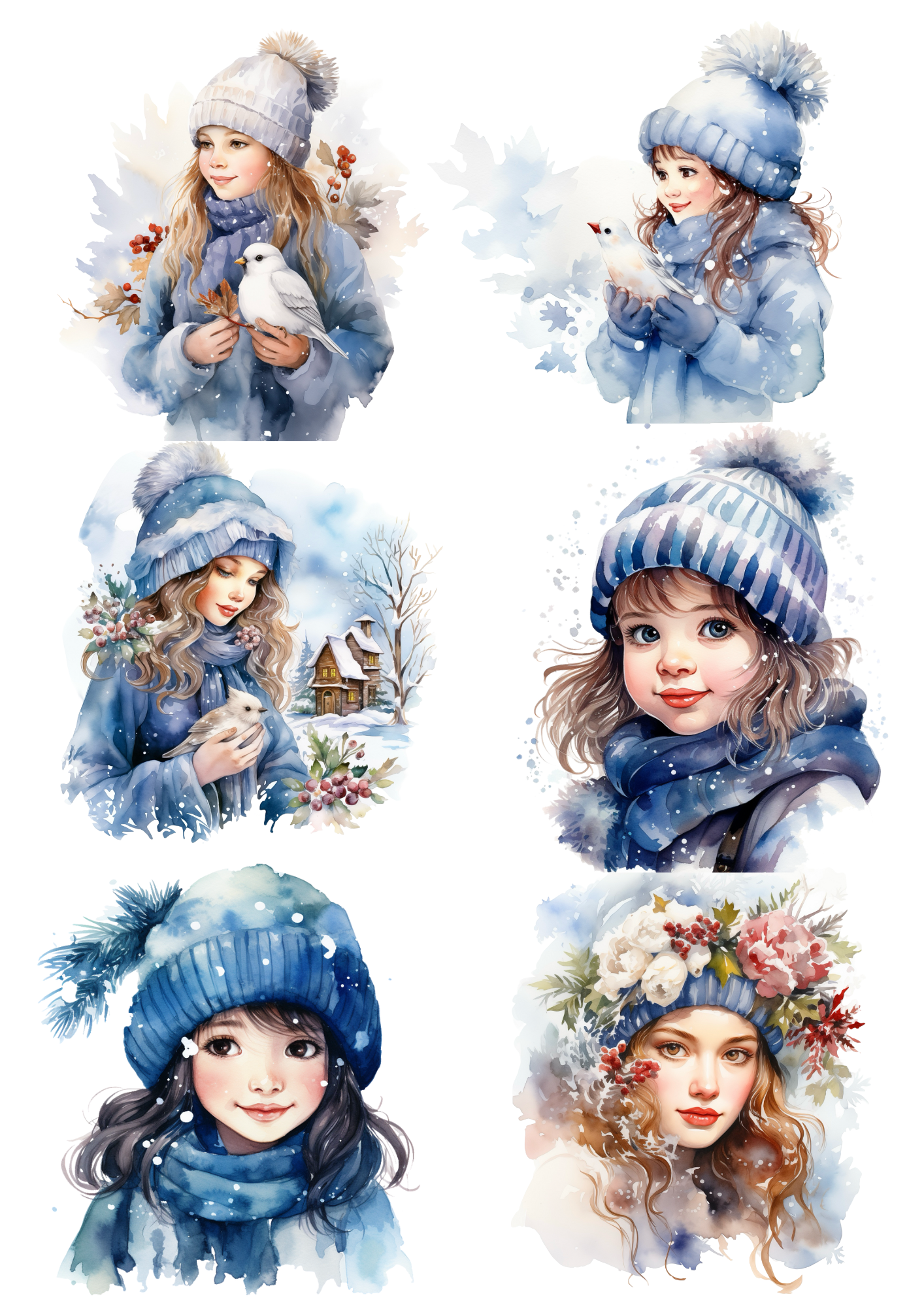 Rice Paper For Decoupage Girl with Bird in Winter Collage Cat. No. 5612