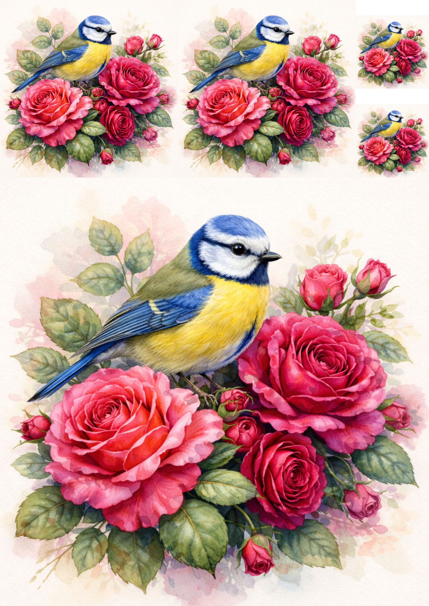 Rice Paper For Decoupage Blue Tit on Roses Collage Cat. No. 5738