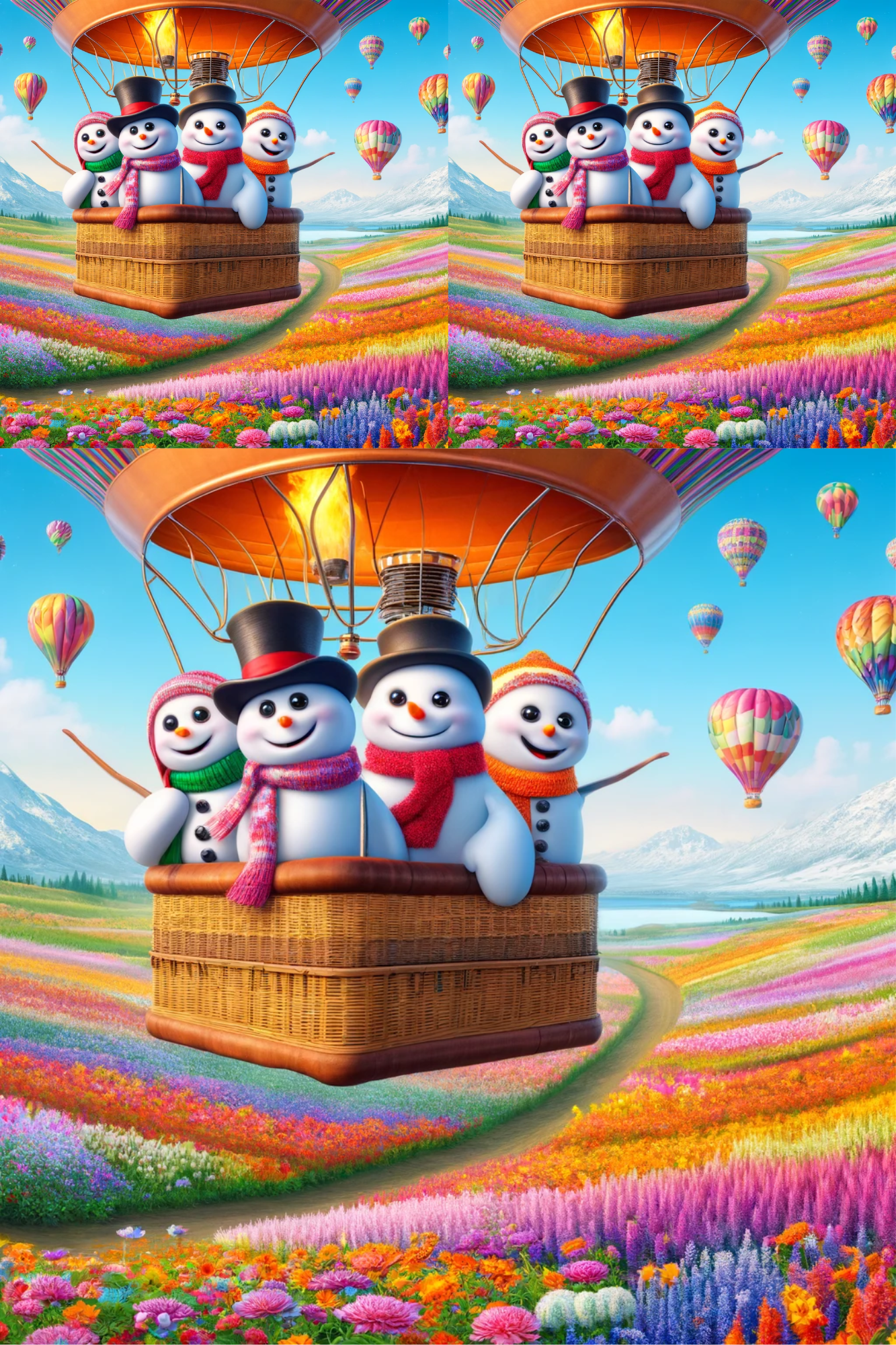 Rice Paper for Decoupage Snowmen Fly in a Balloon Collage Cat. No. 411