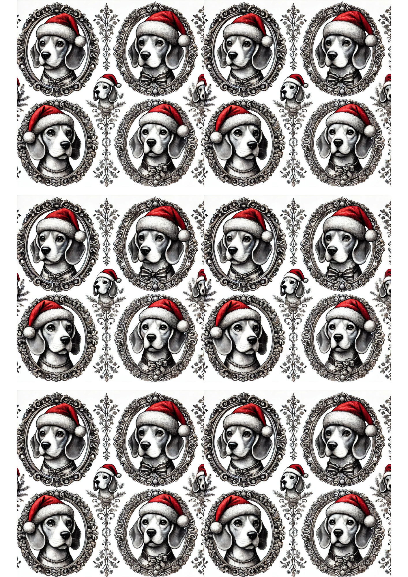 Rice Paper For Decoupage Beagle Dog Wearing Christmas Hat In Ovals Collage Cat. No. 2951