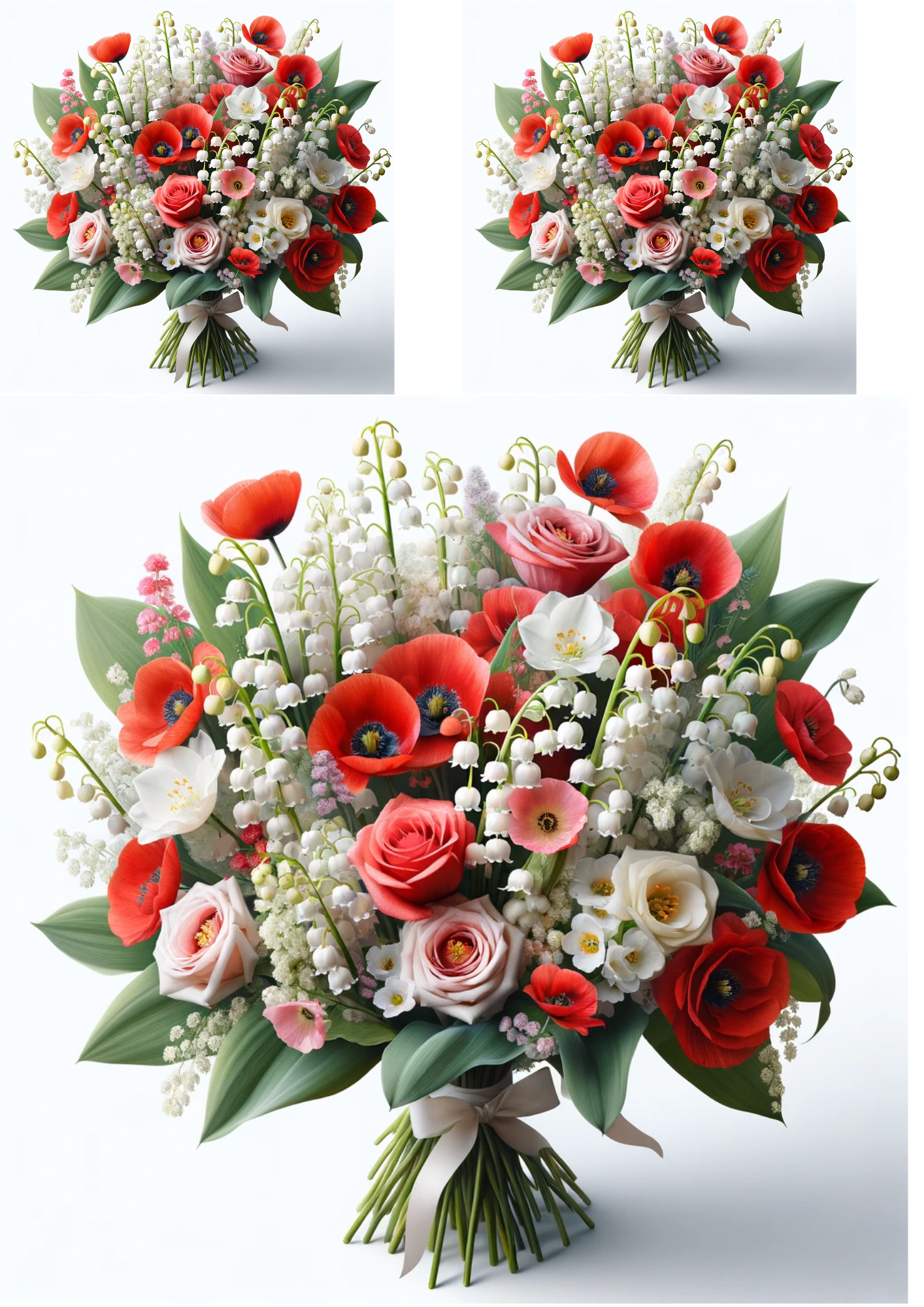 Reispapier für Decoupage Blumenstrauß aus Maiglöckchen, Mohnblumen, Rosen Collage Kat. Nr. 682