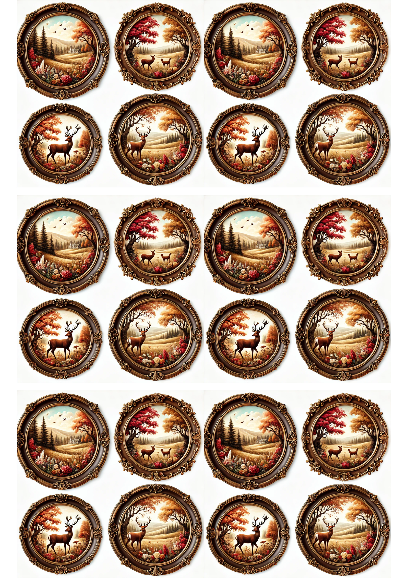 Rice Paper For Decoupage Deer In Round Frames Collage Cat. No. 3013