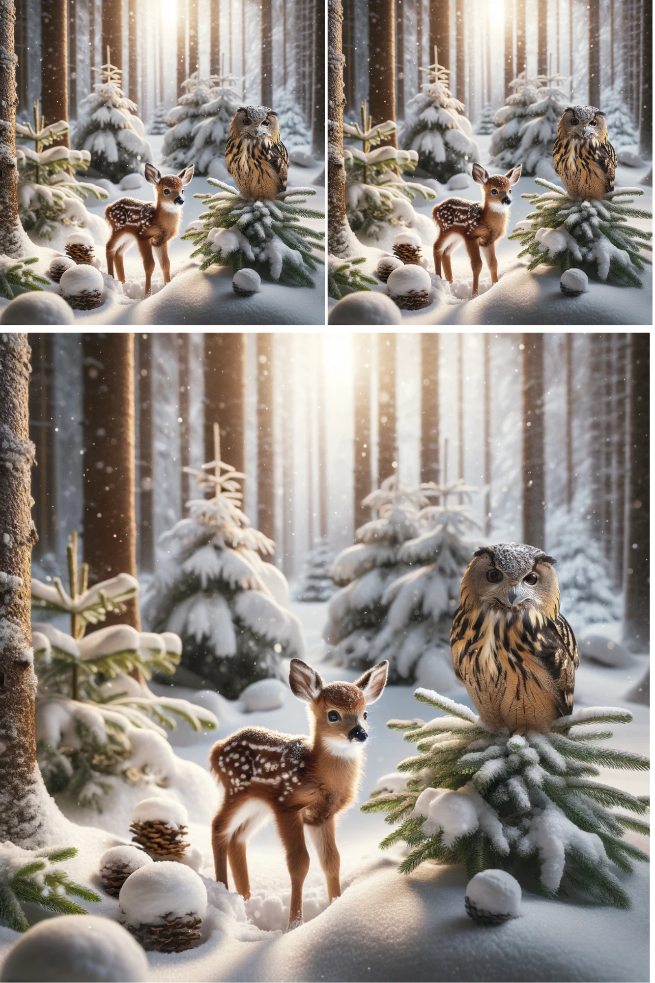 Rice Paper for Decoupage Deer and Eagle Owl in the Forest in Winter Collage Cat. No. 565