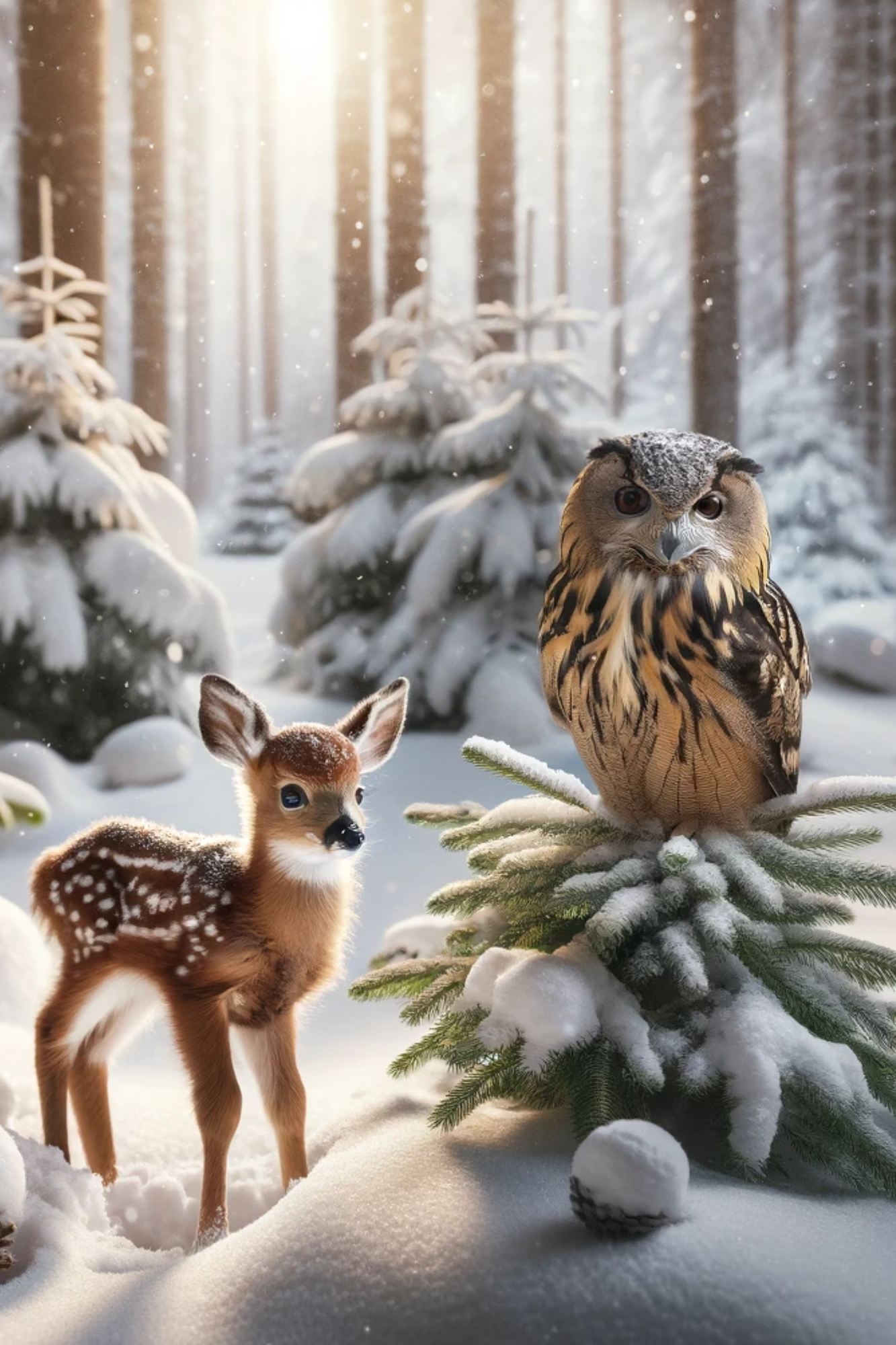 Rice Paper for Decoupage Deer and Eagle Owl in the Forest in Winter Full Cat. No. 566