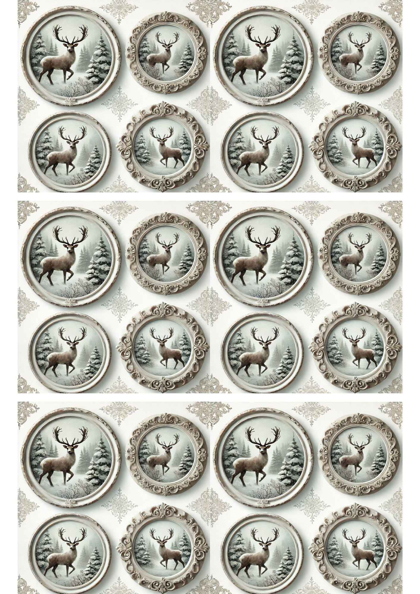 Rice Paper For Decoupage Deer In Winter Time In Round Frame Collage Cat. No. 3015