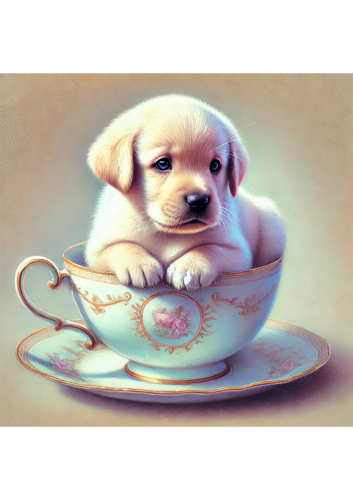 Reispapier für Decoupage, kleiner Labrador in einer vollen Tasse, Kat. Nr. 2063