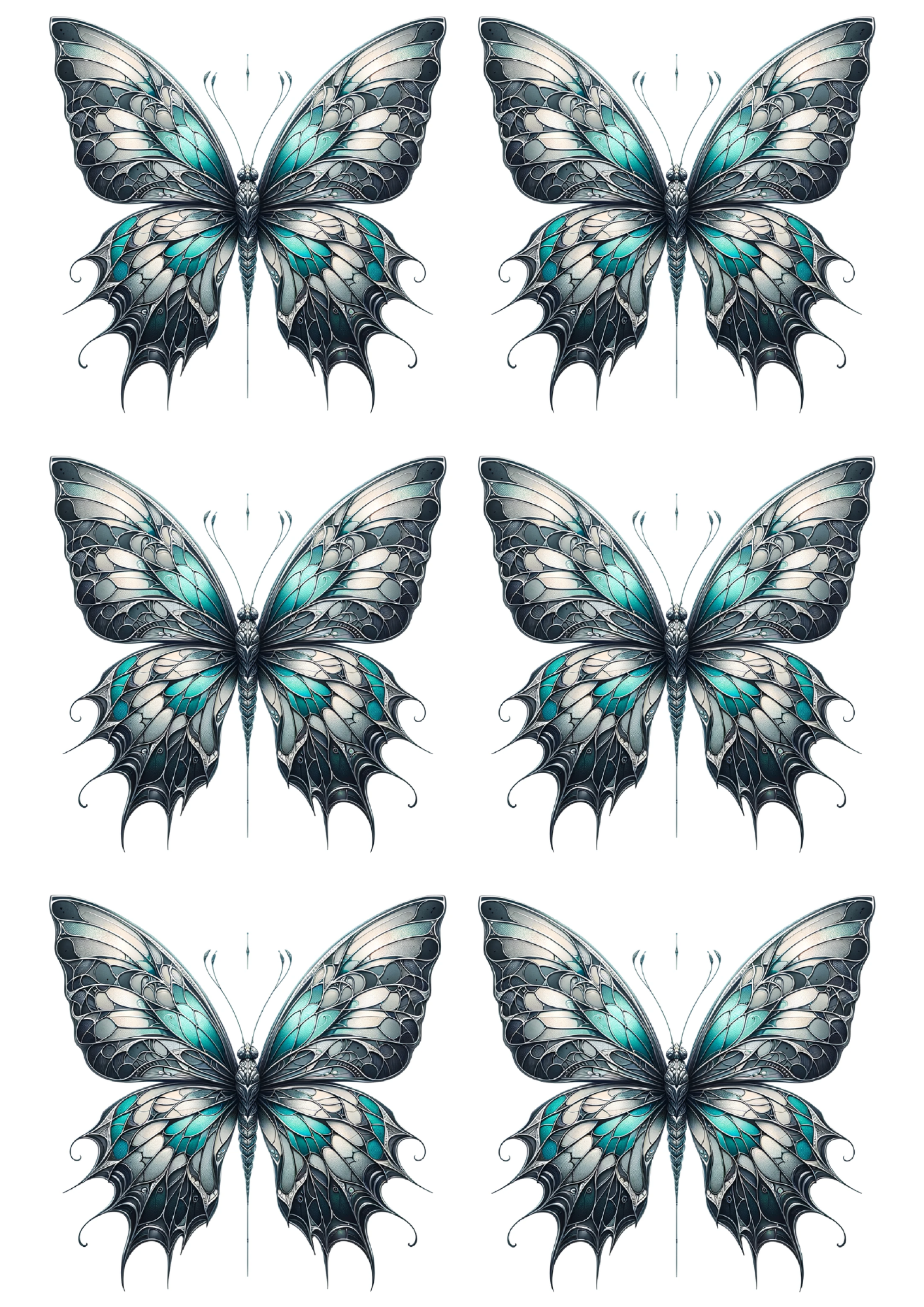 Reispapier für Decoupage-Schmetterling im gotischen Stil mit Aquamarintönen. Collage Kat. Nr. 2389