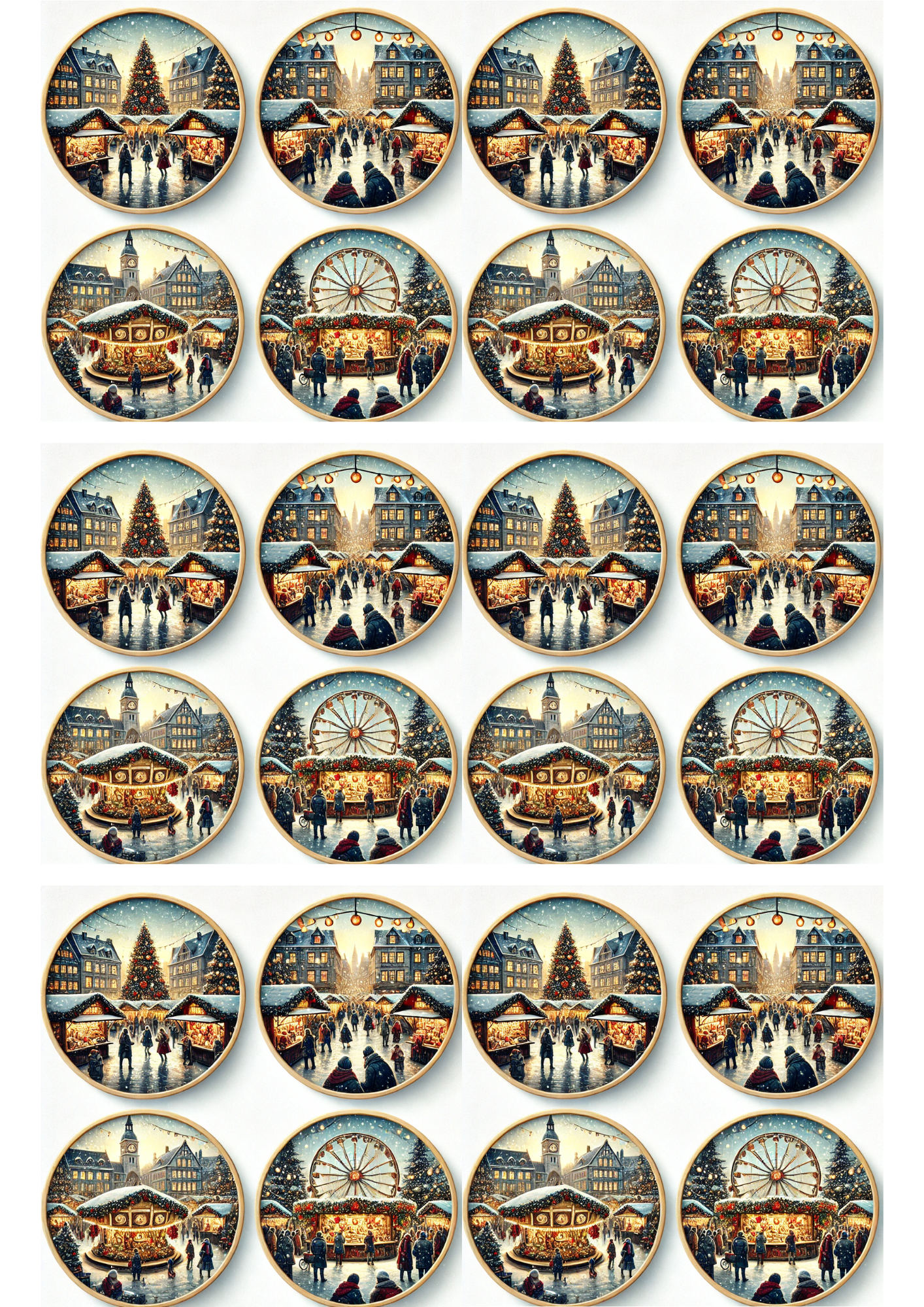 Rice Paper For Decoupage Christmas Market In Round Frames Collage Cat. No. 3129