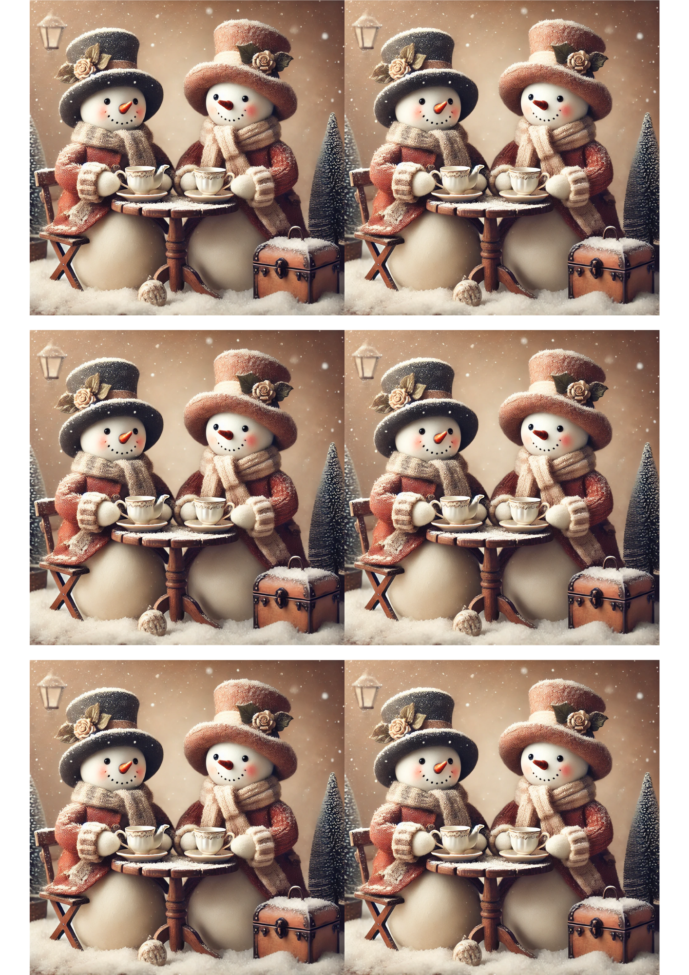 Rice Paper For Decoupage Snowmen Drinking Tea Collage Cat. No. 3167