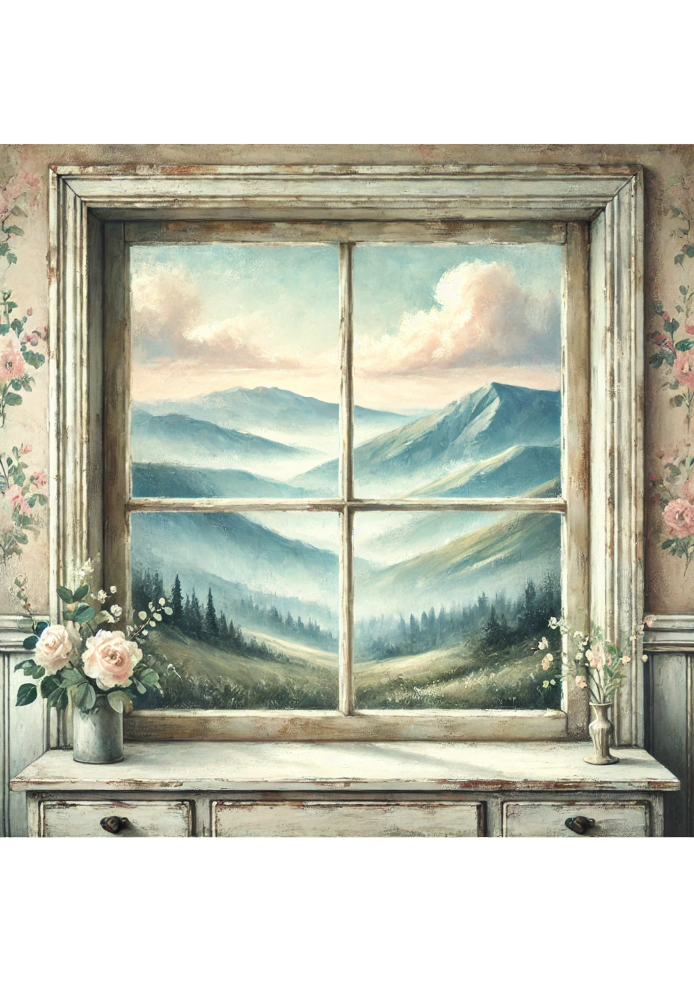 Rice Paper For Decoupage Mountain View Through Window Full Cat. No. 3174