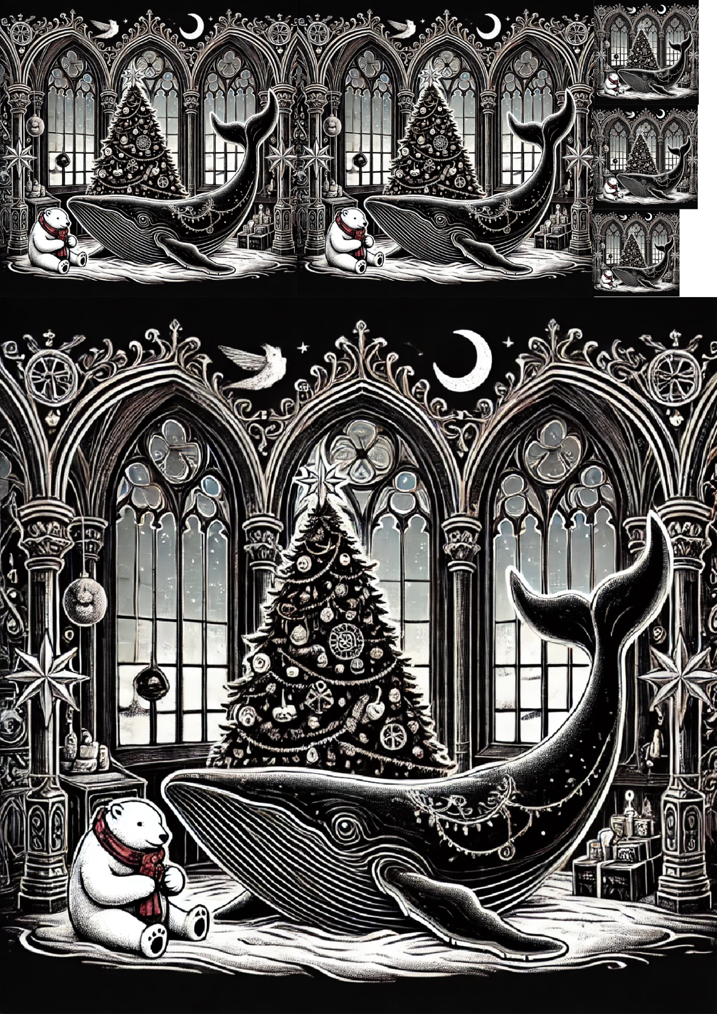 Reispapier für Decoupage Wal, Teddybär und Weihnachtsbaum im Gothic-Stil Collage Kat. Nr. 1248