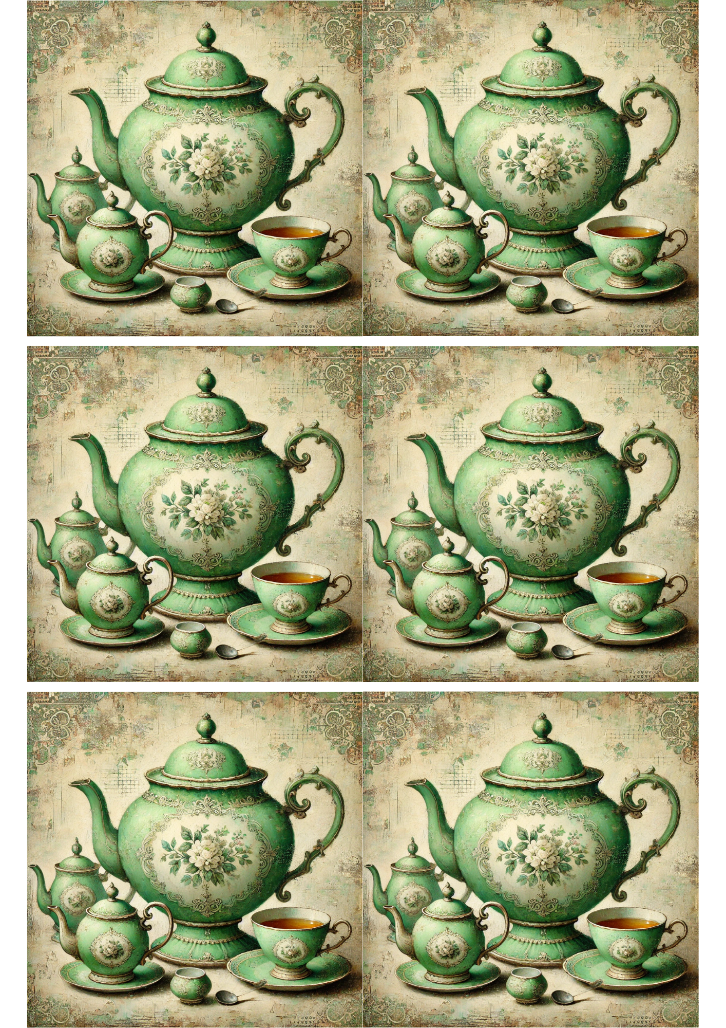Reispapier für Decoupage Grüne Teekannen-Collage Kat. Nr. 2733