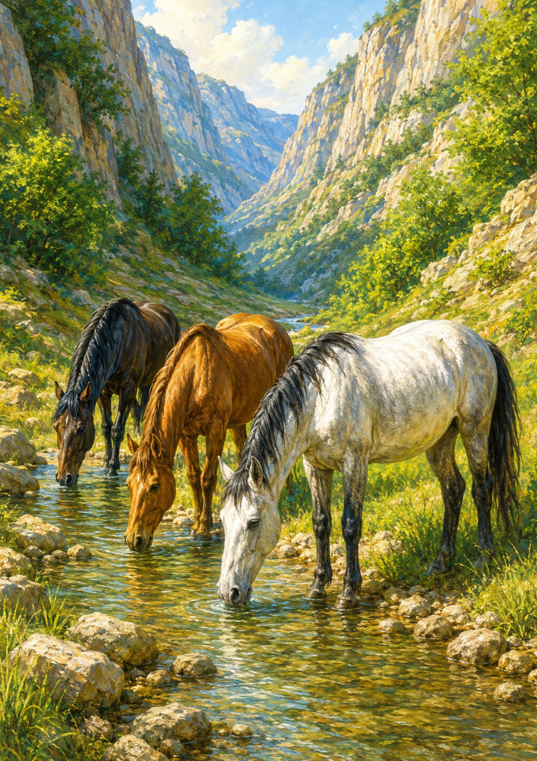Rice Paper For Decoupage Three Horses at the River Full Cat. No. 10010
