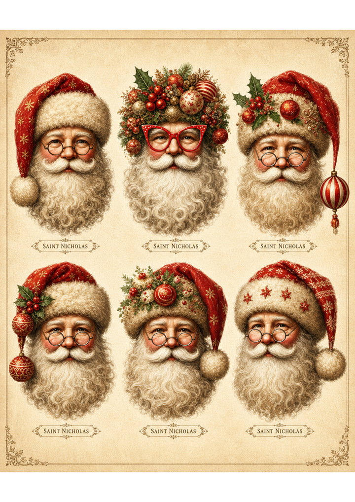 Rice Paper For Decoupage Vintage Christmas Santa Head Collage Cat. No. 10040