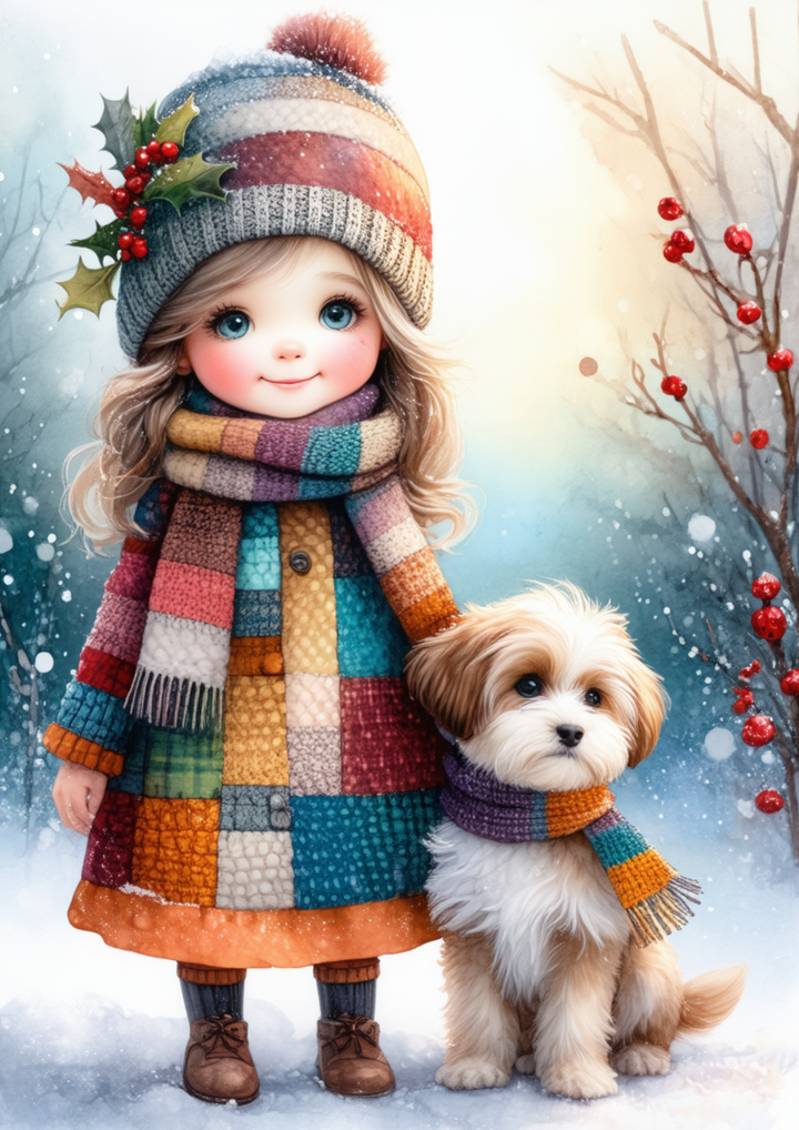Rice Paper For Decoupage Little Girl and Her Winter Pup Full Cat. No. 10049
