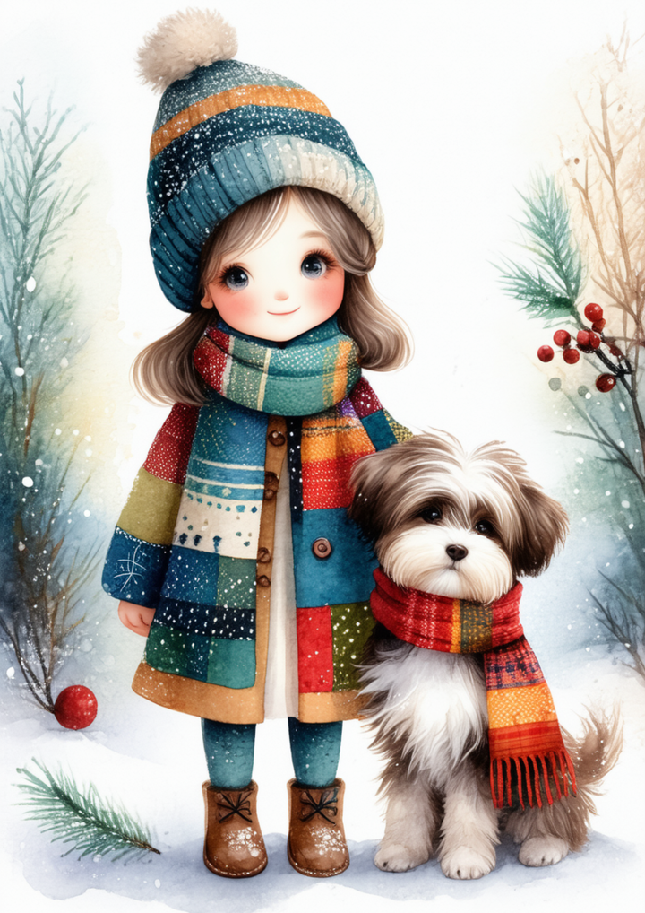 Rice Paper For Decoupage Little Girl and Her Winter Pup Full Cat. No. 10050
