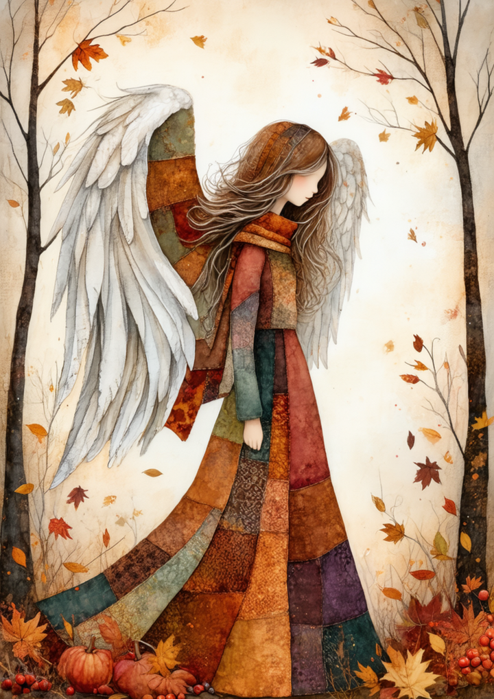 Rice Paper For Decoupage Autumn Patchwork Angel Full Cat. No. 10055