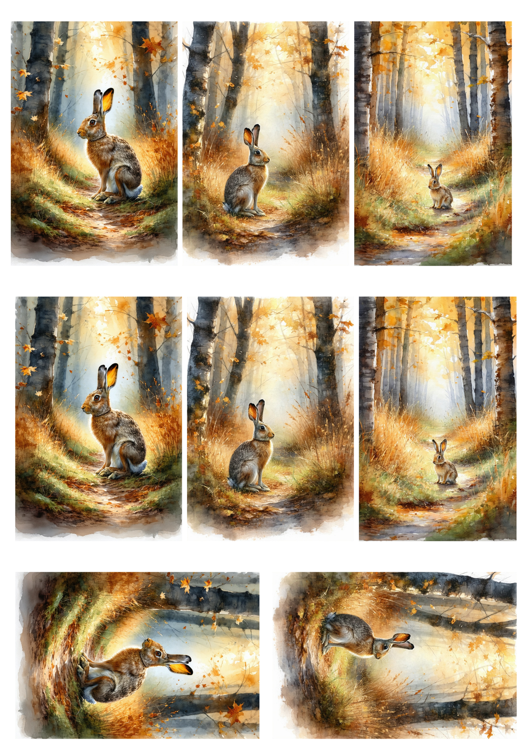 Rice Paper For Decoupage Wild Hare in the Autumn Forest Collage Cat. No. 10098