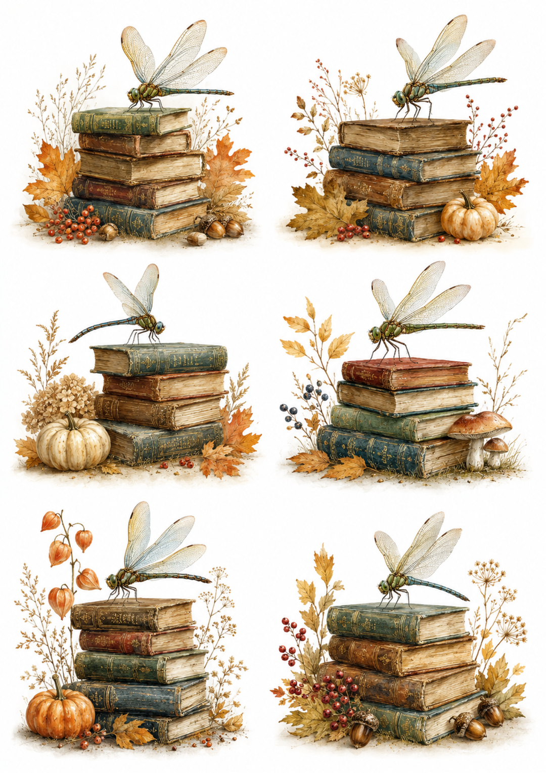 Rice Paper For Decoupage Autumn Books &amp; Dragonfly Collage Cat. No. 10121