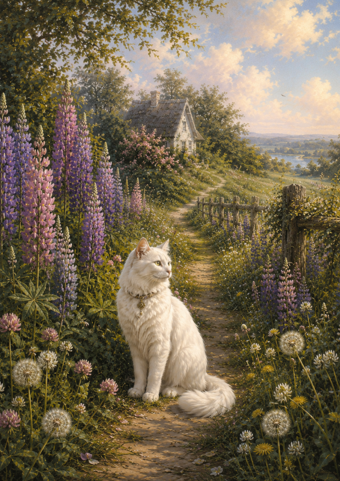 Rice Paper For Decoupage Beautiful White Cat on the Floral Path Full Cat. No. 10136