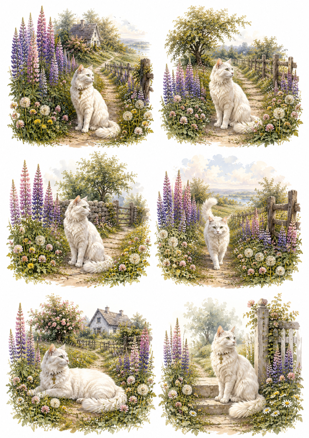 Rice Paper For Decoupage Beautiful White Cat on the Floral Path Collage Cat. No. 10137