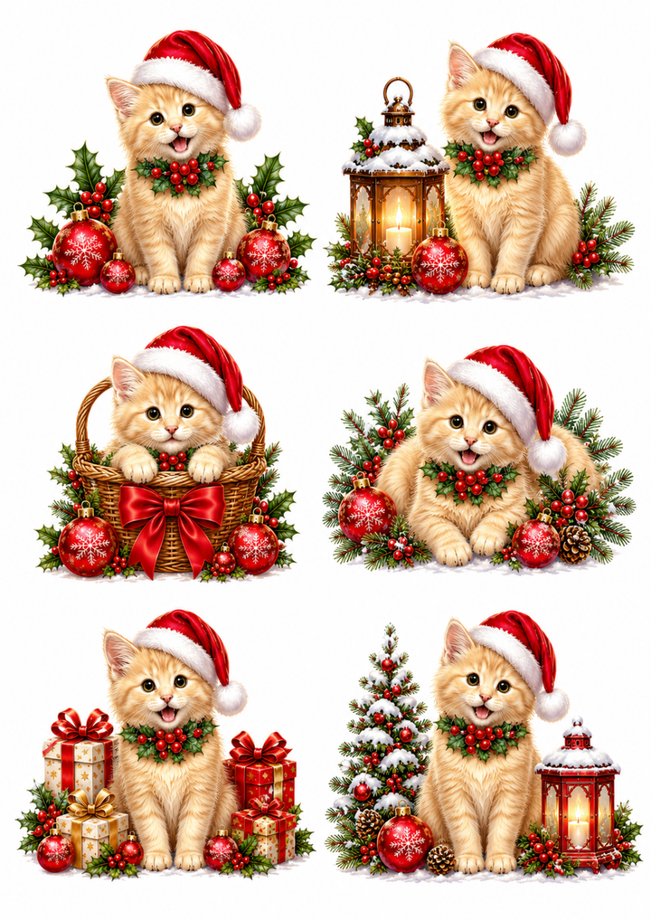 Rice Paper For Decoupage Cat in Santa Hat Collage Cat. No. 10156