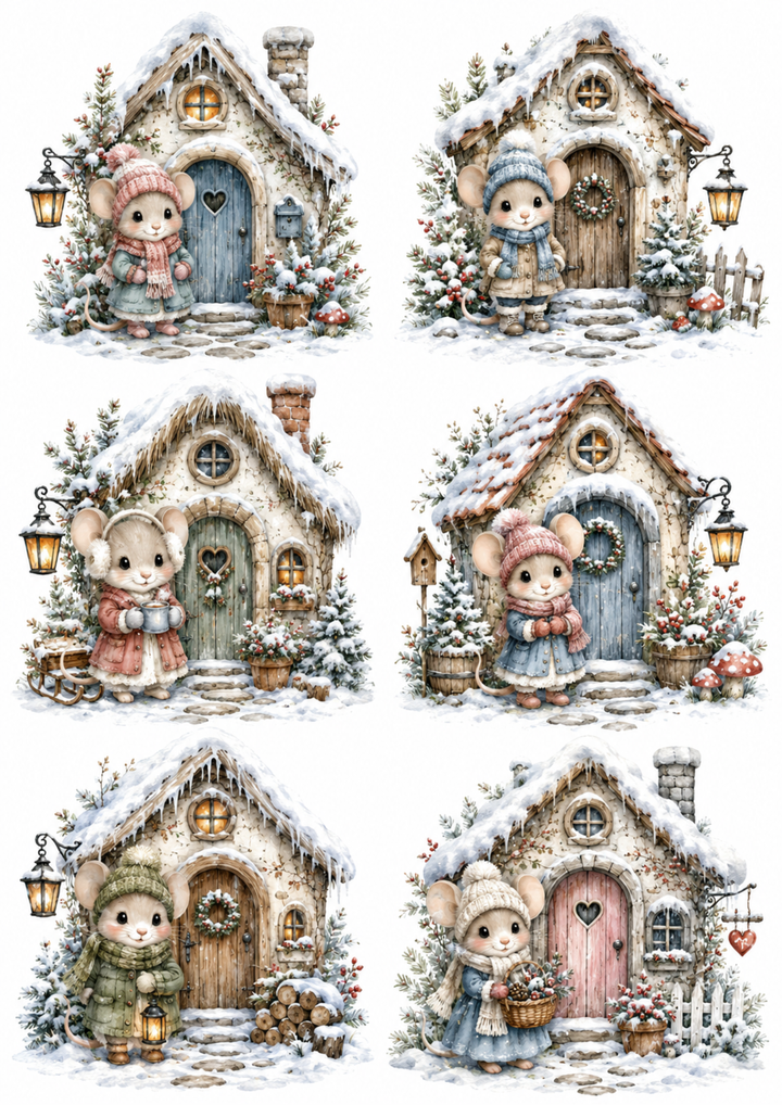Rice Paper For Decoupage Little Mouse Christmas House Collage  Cat. No. 10178