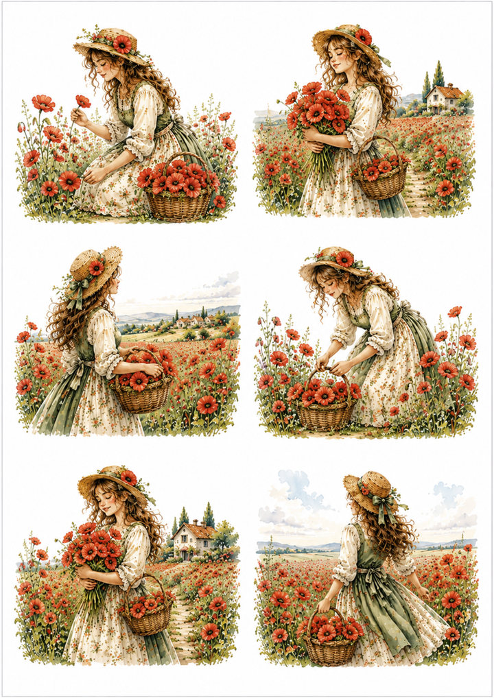 Rice Paper For Decoupage Girl &amp; Red Poppies Field Scene Collage  Cat. No. 10181